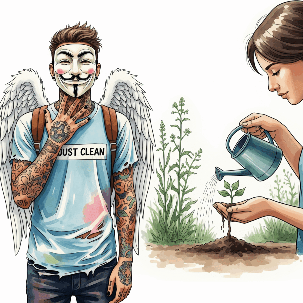 Ein Bild einer Person, die liebevoll eine kleine, zarte Pflanze in ihren Händen gießt und pflegt, während im Hintergrund Unkraut wächst, das sie ignoriert. Symbolisiert die Konzentration auf das Positive. "positives Verhalten fördern", "CRAFT Methode in der Praxis", "nüchternes Verhalten belohnen"