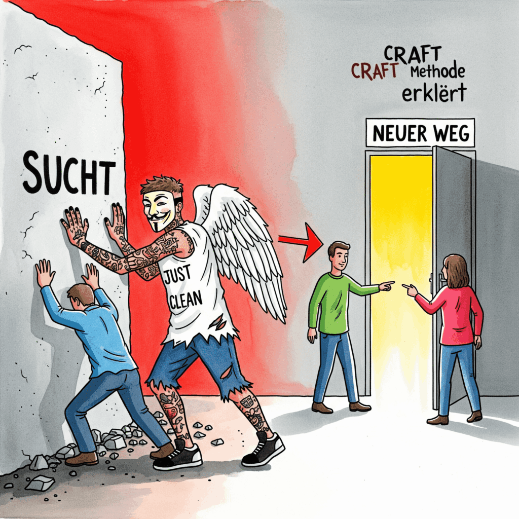 Eine stilisierte Grafik. Links versucht eine Person, eine riesige, schwere Mauer mit der Aufschrift "SUCHT" umzustoßen (Konfrontation). Rechts zeigt eine Person einer anderen Person eine offene, helle Tür mit der Aufschrift "NEUER WEG" (CRAFT). Symbolisiert den Unterschied im Ansatz. "CRAFT Methode erklärt", "positive Verstärkung Sucht", "Hilfe für Angehörige"