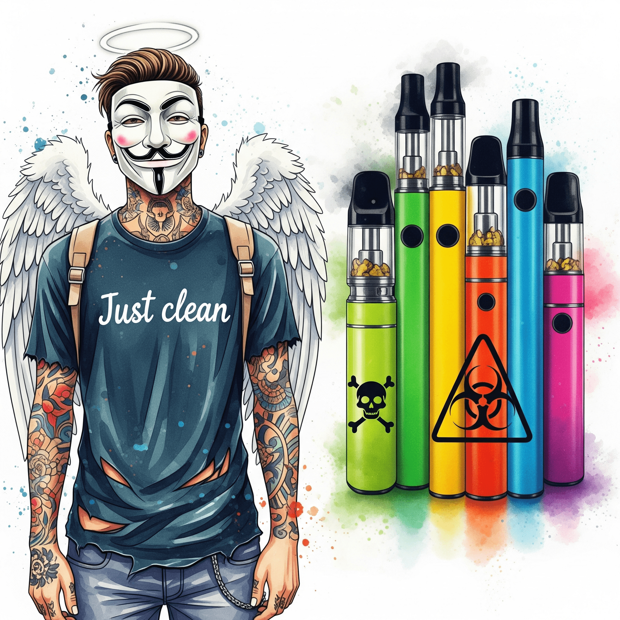 Eine Reihe von bunten, harmlos aussehenden Vape-Pens. Einer davon ist jedoch deutlich als Totenkopf ☠️ oder mit einem Biohazard-Symbol ☣️ gekennzeichnet. Symbolisiert die versteckte, tödliche Gefahr in einem scheinbar harmlosen Produkt. "Gefahr von THC Vapes", "Görke Droge", "synthetische Cannabinoide"