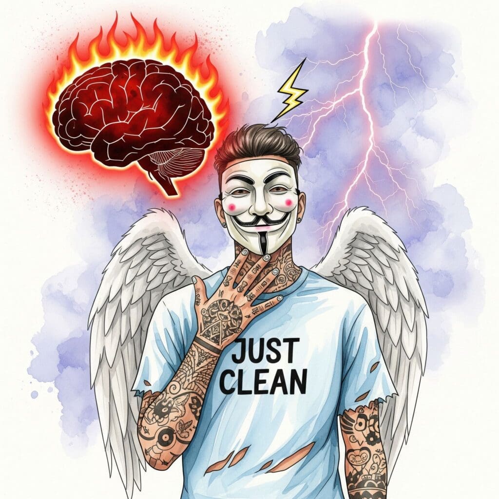 Eine Grafik, die eine Gehirn-Silhouette zeigt, die überhitzt und rot glüht. Blitze schlagen ein. Symbolisiert die Neurotoxizität und die Gefahr einer Psychose. "Neurotoxizität 4-CMC", "Drogeninduzierte Psychose", "Gefahren von Designerdrogen"