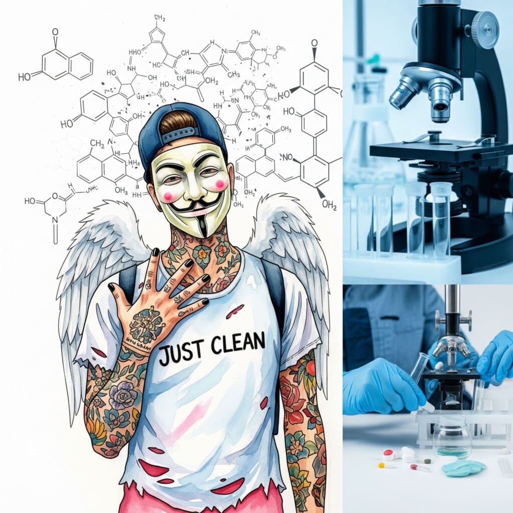 Eine stilisierte Grafik von chemischen Formeln oder ein Foto von Laborgeräten (Reagenzgläser, Mikroskop). Symbolisiert die Analyse und Wissenschaft hinter dem Drugchecking. "Drugchecking Berlin", "Drogen testen lassen", "Safer Use"