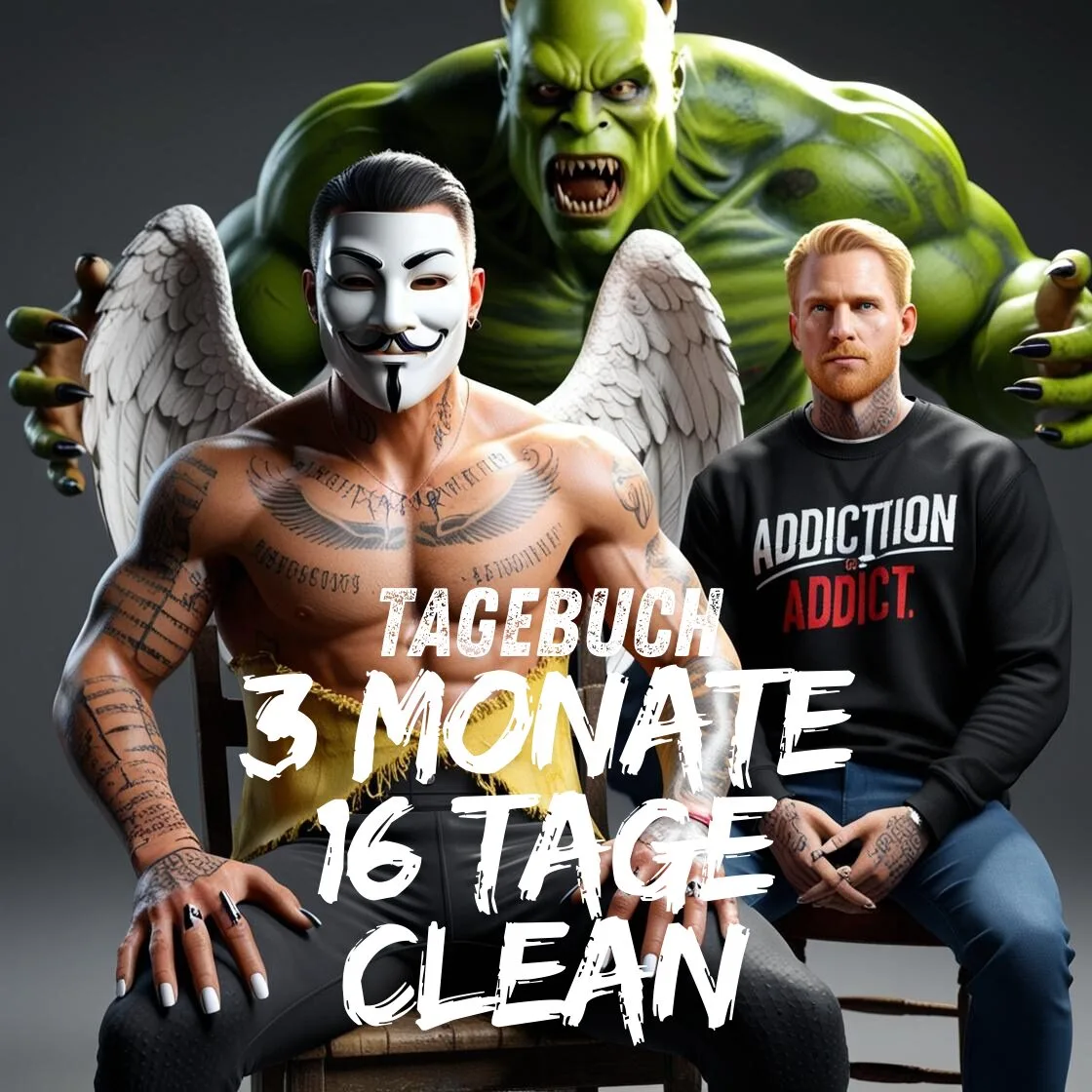 Tagebuch Titelbild 220325: Sportlicher Mann mit Anonymous Maske. Er ist tätowiert hat schwarze und weiße lackierte Fingernägel und einen zerfranztes gelbes Hemd und Engelsflügel auf dem Rücken. Er sitzt in auf einem Stuhl und hinter ihm ein großes grünes böses Monster was ihn verschlingen will. Vor ihm sitzt ein blonder mann mit schwarzen Pullover. Auf dem schwarzen Pullover steht: Sucht und Süchtig.