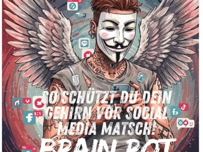 Bild in bunten lebendigen / realistischen Watercolor Farben. Ein sportlicher Mann mit Anonymous Maske. Er ist tätowiert,  hat schwarze und weiße lackierte Fingernägel und einen zerfranztes Hemd und Engelsflügel auf dem Rücken. Ein stylisches, jugendliches Bild oder eine Grafik, die das endlose Scrollen oder eine Person zeigt, die überfordert auf ihr Handy starrt. Keywords: Brain Rot, Social Media, Endloses Scrollen, TikTok Müdigkeit, Handy Überforderung