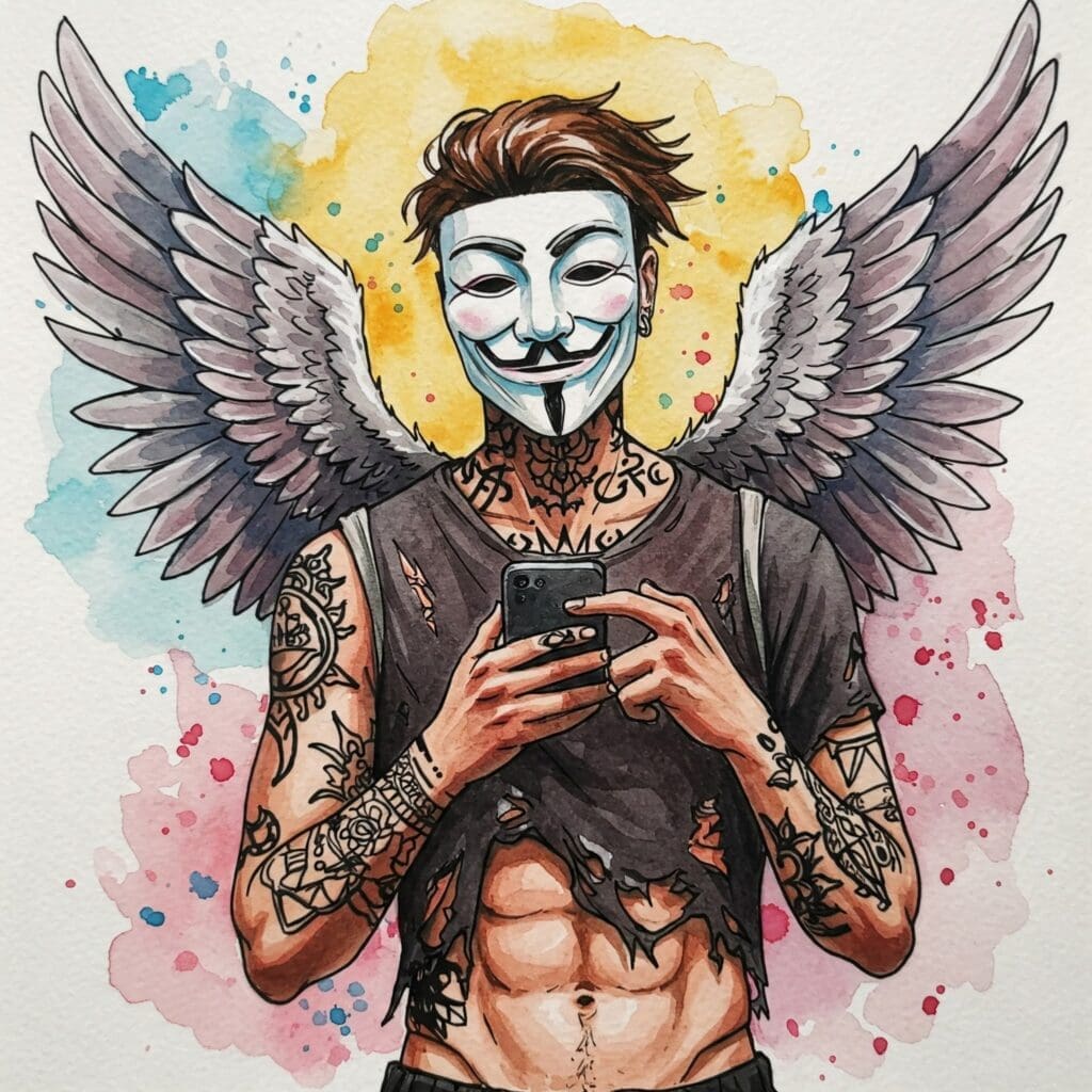 Bild in bunten lebendigen / realistischen Watercolor Farben. Ein sportlicher Mann mit Anonymous Maske. Er ist tätowiert, hat schwarze und weiße lackierte Fingernägel und einen zerfranztes Hemd und Engelsflügel auf dem Rücken. Ein stylisches, jugendliches Bild oder eine Grafik, die das endlose Scrollen oder eine Person zeigt, die überfordert auf ihr Handy starrt. Keywords: Brain Rot, Social Media, Endloses Scrollen, TikTok Müdigkeit, Handy Überforderung