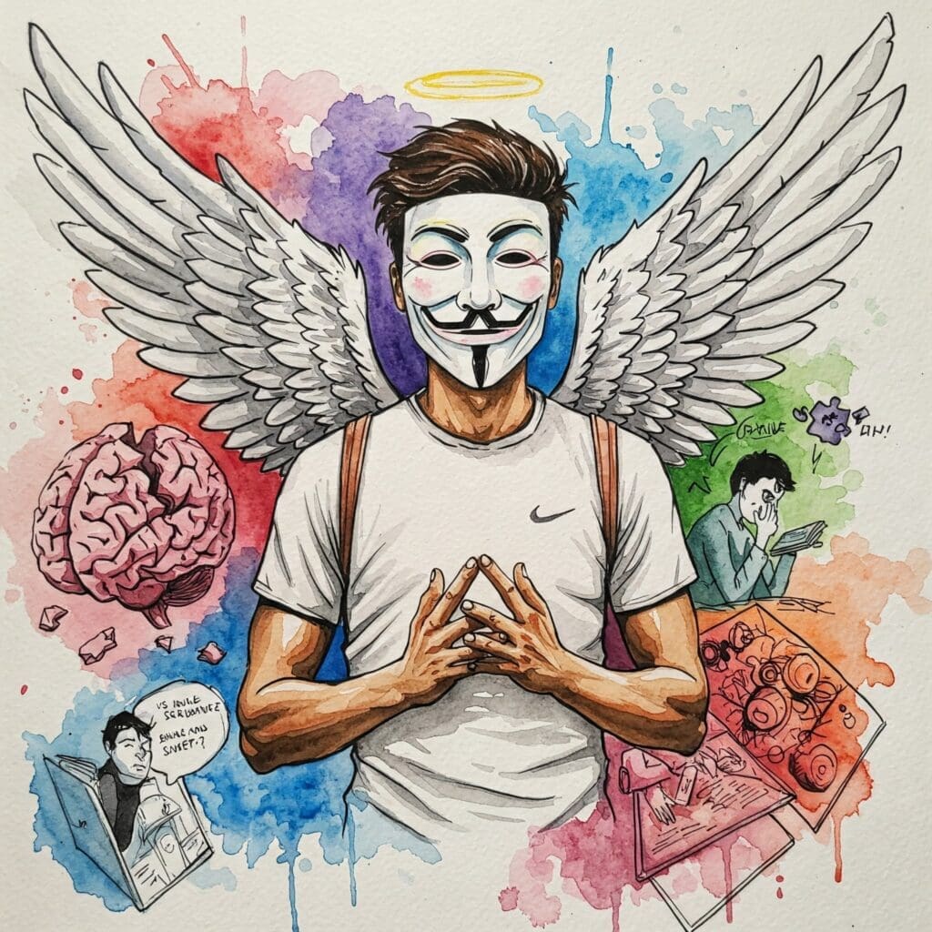 Bild in bunten lebendigen / realistischen Watercolor Farben. Ein sportlicher Mann mit Anonymous Maske. Er ist tätowiert, hat schwarze und weiße lackierte Fingernägel und einen zerfranztes Hemd und Engelsflügel auf dem Rücken. Eine Grafik oder ein Bild, das Konzentrationsschwierigkeiten symbolisiert (z.B. ein zersplittertes Gehirn-Puzzle, jemand der frustriert über Büchern sitzt) oder Stimmungsschwankungen darstellt. Keywords: Konzentrationsprobleme, Social Media Stress, Aufmerksamkeitsspanne, Mentale Gesundheit Jugend, Prokrastination