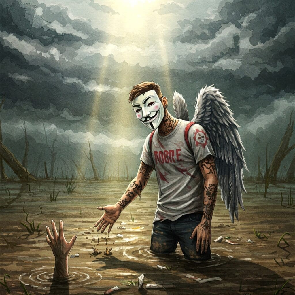 Ein symbolisches Bild. Ein einzelner Lichtstrahl, der durch dunkle Wolken bricht, oder eine Hand, die sich aus Schlamm/Wasser nach oben streckt.
Keywords: Hoffnung, Ausweg, Drogensumpf, Lichtblick, Hilfe, Ausweglosigkeit