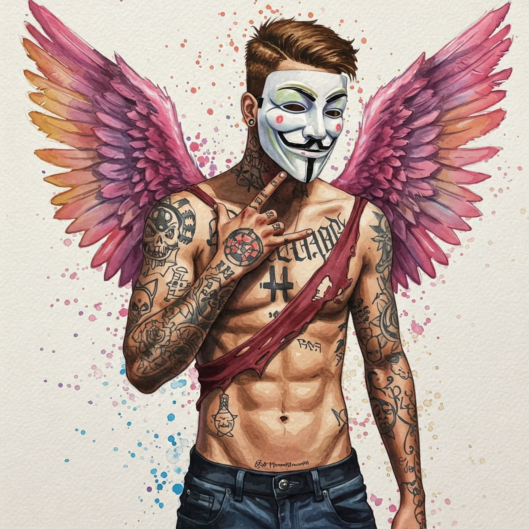Ein sportlicher Typ mit Anonymous Maske, Tattoos, schwarz-weiß lackierten Nägeln, zerfetztem Hemd und Engelsflügeln, gemalt in bunten, realistischen Watercolor-Farben. Keywords für Alt-Text: Entgiftung, Anonymität, Rebellion, Schutz, eigener Weg, Sucht überwinden, Maske, Engelsflügel
