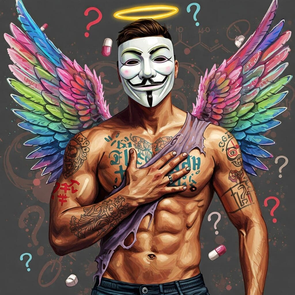 Grafik oder stylisches Bild mit Fragezeichen und vielleicht stilisierten chemischen Symbolen oder Pillen. Keywords: Mythos, Drogen, sexuelle Orientierung, Frage, Unsicherheit