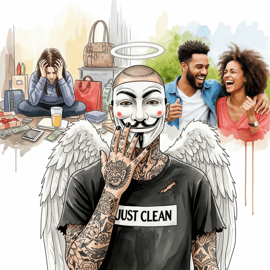Ein geteiltes Bild. Links eine Person, die gestresst und unglücklich von teuren Luxusgütern umgeben ist. Rechts eine Person, die glücklich und lachend mit Freunden in der Natur sitzt. Symbolisiert den Unterschied zwischen materiellem Besitz und echten Erlebnissen. "echtes Glück finden", "gesundes Verhältnis zu Geld", "Konsumkritik"