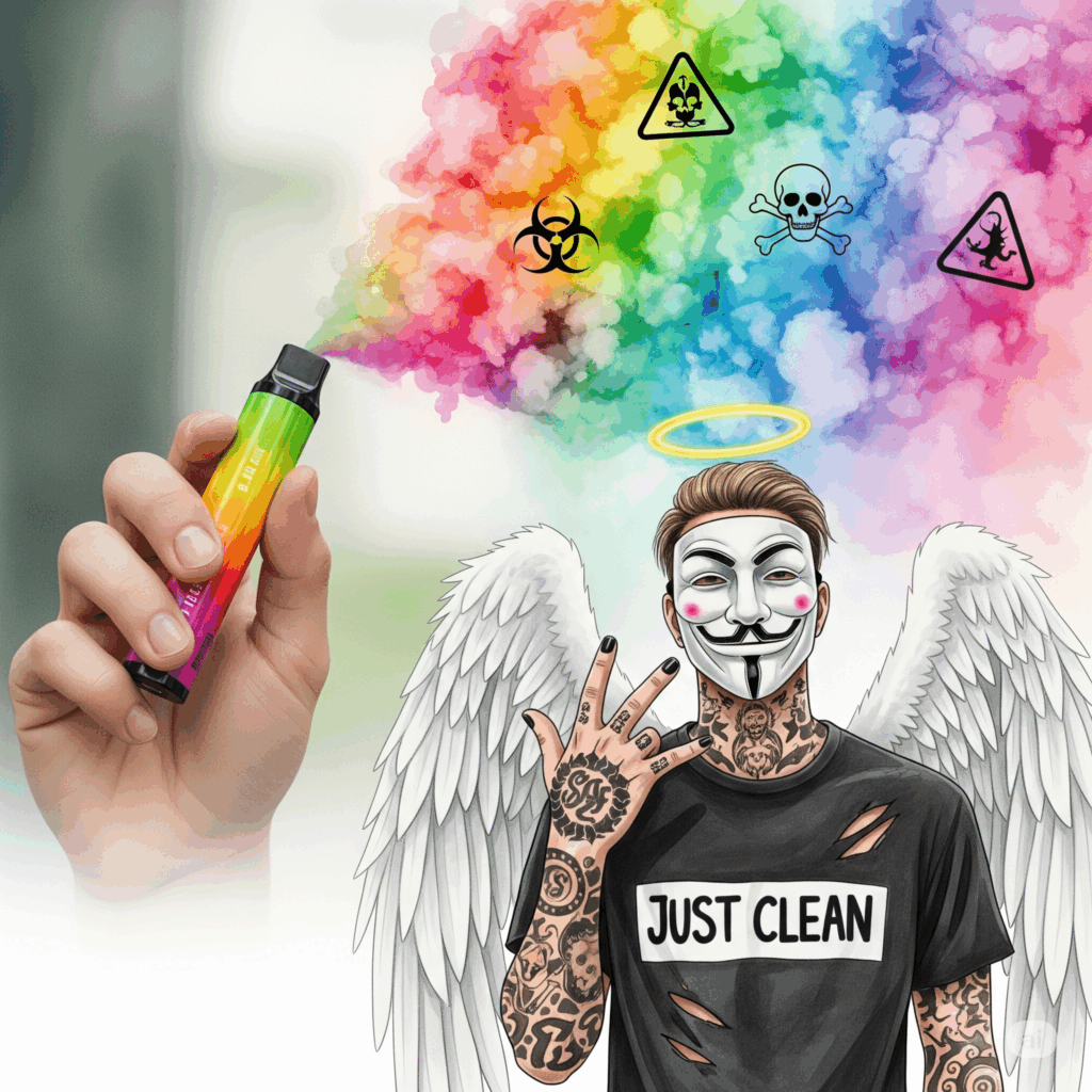 Eine Person hält eine bunte Einweg-Vape in der Hand und atmet eine riesige, dichte Dampfwolke aus. In der Wolke sind aber statt nur Dampf auch subtile Warnsymbole (z.B. Totenkopf ☠️, Biohazard ☣️) versteckt. "Gefahren von Vapen", "Risiken E-Zigarette", "schädliche Inhaltsstoffe"