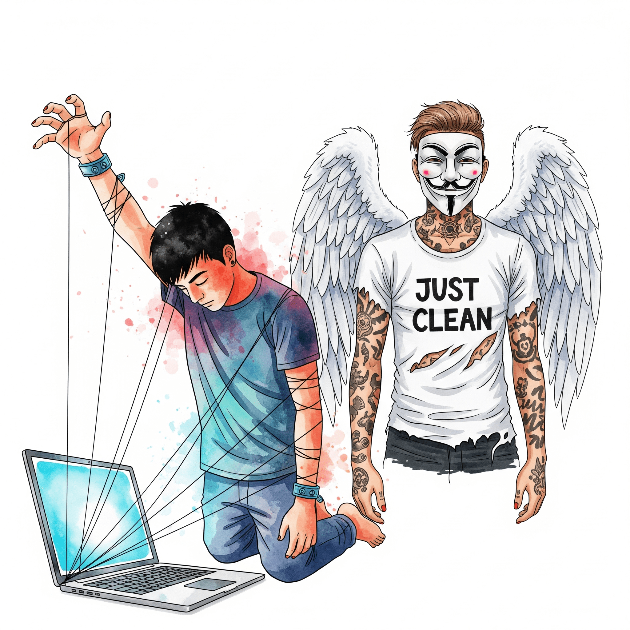 Eine stilisierte Grafik einer Person, die wie von unsichtbaren Fäden von einem leuchtenden Laptop-Bildschirm gesteuert wird. Die Person wirkt willenlos und gefangen. "Pornosucht als Verhaltenssucht", "zwanghafter Pornokonsum", "Kontrollverlust"