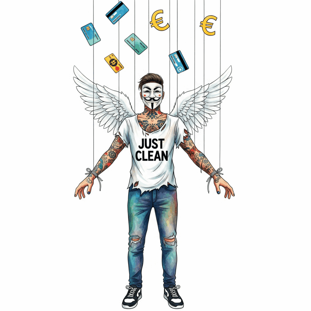 Eine Person, deren Arme und Beine wie bei einer Marionette von Fäden gehalten werden. Die Fäden führen nach oben zu schwebenden Kreditkarten und Euro-Symbolen. Symbolisiert den Kontrollverlust. "Geld Sucht", "Kontrolle durch Geld", "Konsumgesellschaft"