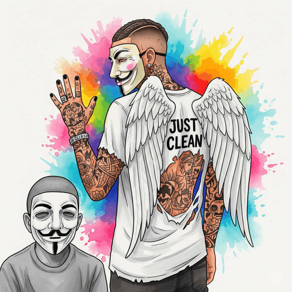Eine stilisierte Grafik einer Person, die komplett in Grautönen gehalten ist, während die Welt um sie herum in leuchtenden, bunten Farben ist. Die Person schaut teilnahmslos. Symbolisiert die emotionale Taubheit und Abgetrenntheit. "emotionale Taubheit durch Drogen", "Anhedonie", "Opiate und Gefühle"