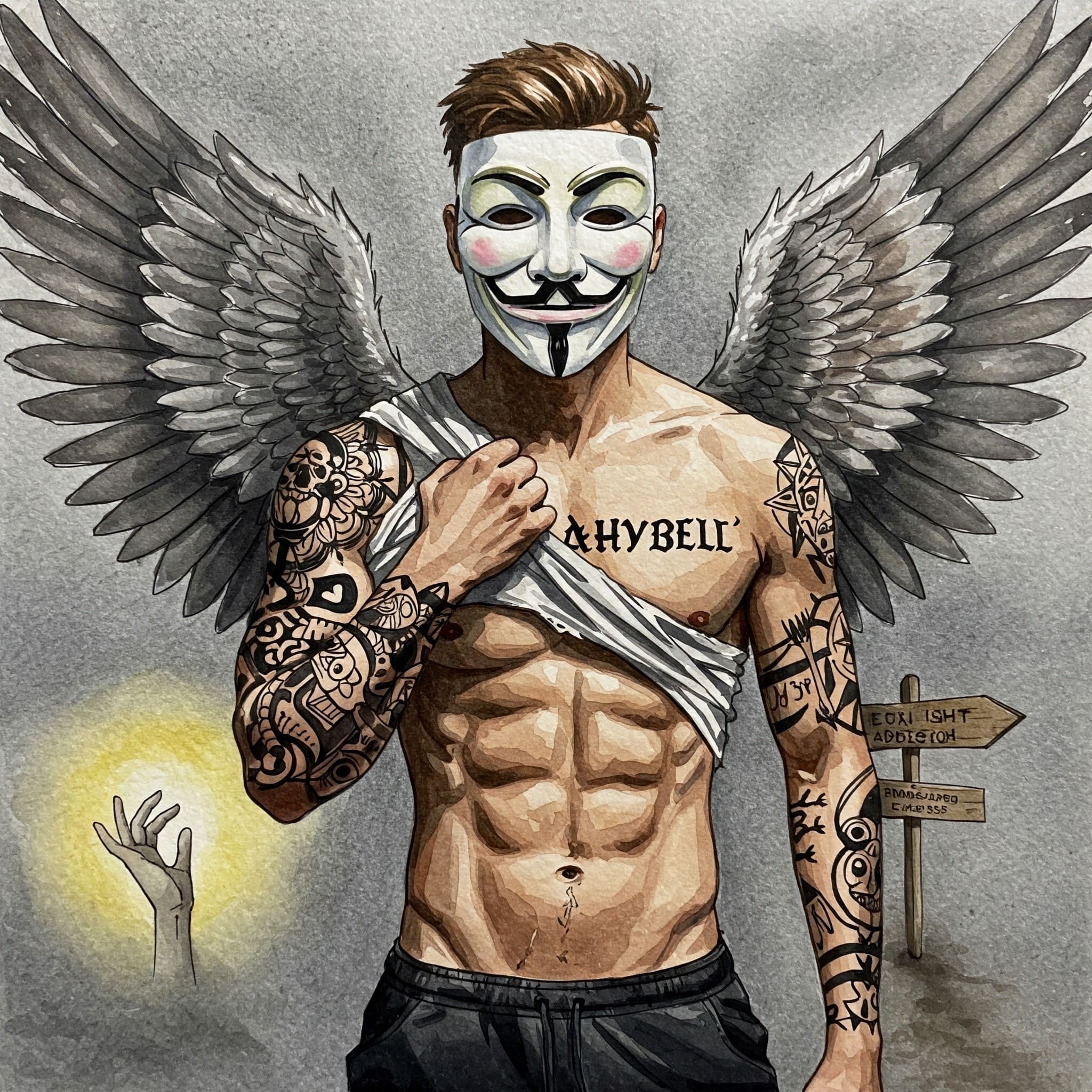 Bild in bunten lebendigen / realistischen Watercolor Farben. Ein sportlicher Mann mit Anonymous Maske. Er ist tätowiert, hat schwarze und weiße lackierte Fingernägel und einen zerfranztes Hemd und Engelsflügel auf dem Rücken. Bild, das Hoffnung oder Unterstützung symbolisiert: Eine helfende Hand, ein Wegweiser, Licht am Ende eines Tunnels, eine aufgehende Sonne.
Keywords für Bild: Hilfe, Unterstützung, Pornosucht überwinden, Hoffnung, Neuanfang, Beratung