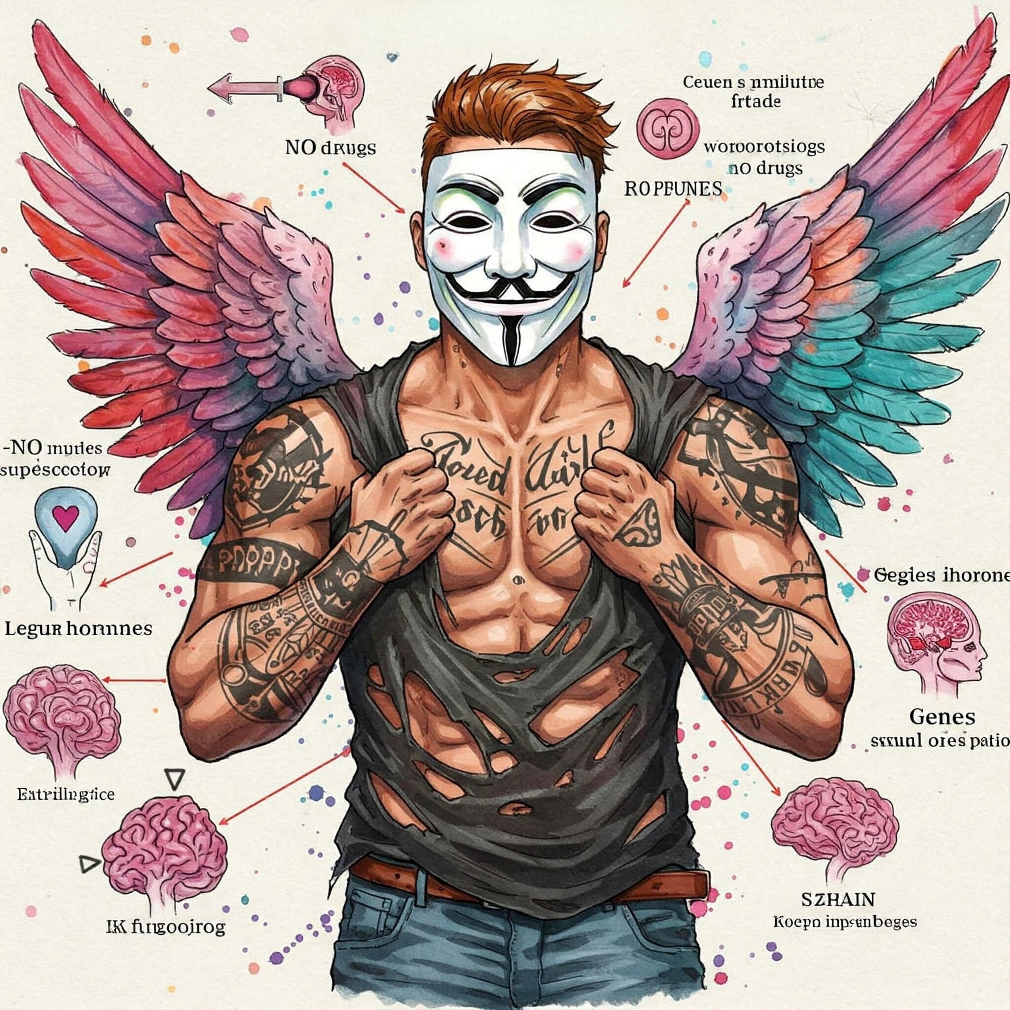 Infografik oder Illustration, die verschiedene Faktoren fĂŒr sexuelle Orientierung andeutet (Gene, Hormone, Gehirn - KEINE Drogen). Keywords: Wissenschaft, sexuelle Orientierung, Fakten, AufklĂ€rung, Biologie