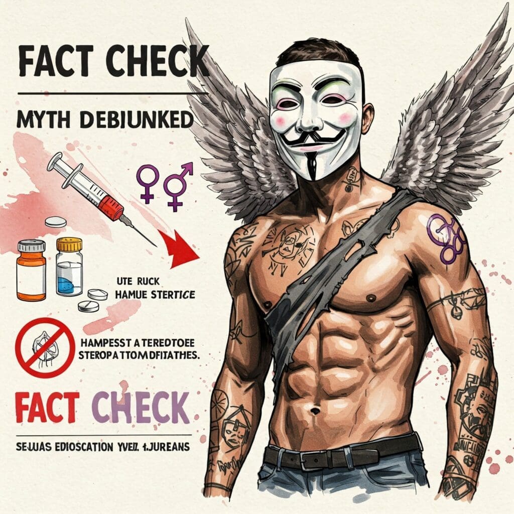 Klares Statement-Bild oder Grafik mit einem durchgestrichenen Pfeil von einer Pille/Spritze zu einem Regenbogen/Geschlechtssymbolen. Keywords: Faktencheck, Mythos widerlegt, Klartext, Drogenrisiken, sexuelle IdentitÀt