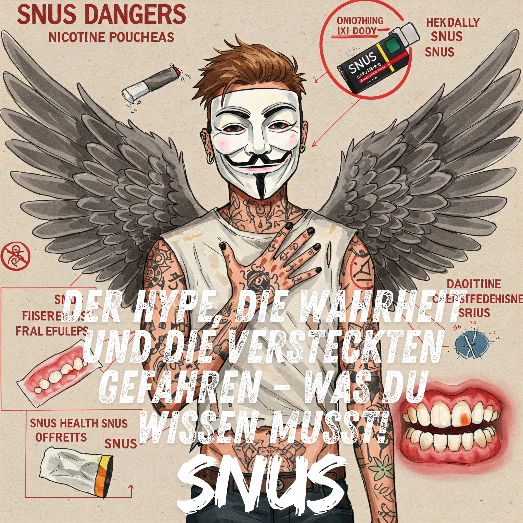 Infografik, die die Risiken von Snus/Nikotin Pouches zusammenfasst oder ein Bild, das die Auswirkungen im Mund symbolisiert (z.B. stilisiertes Zahnfleischproblem). Keywords: Snus Gefahren, Nikotin Risiken, Mundgesundheit Snus, Snus Nebenwirkungen.