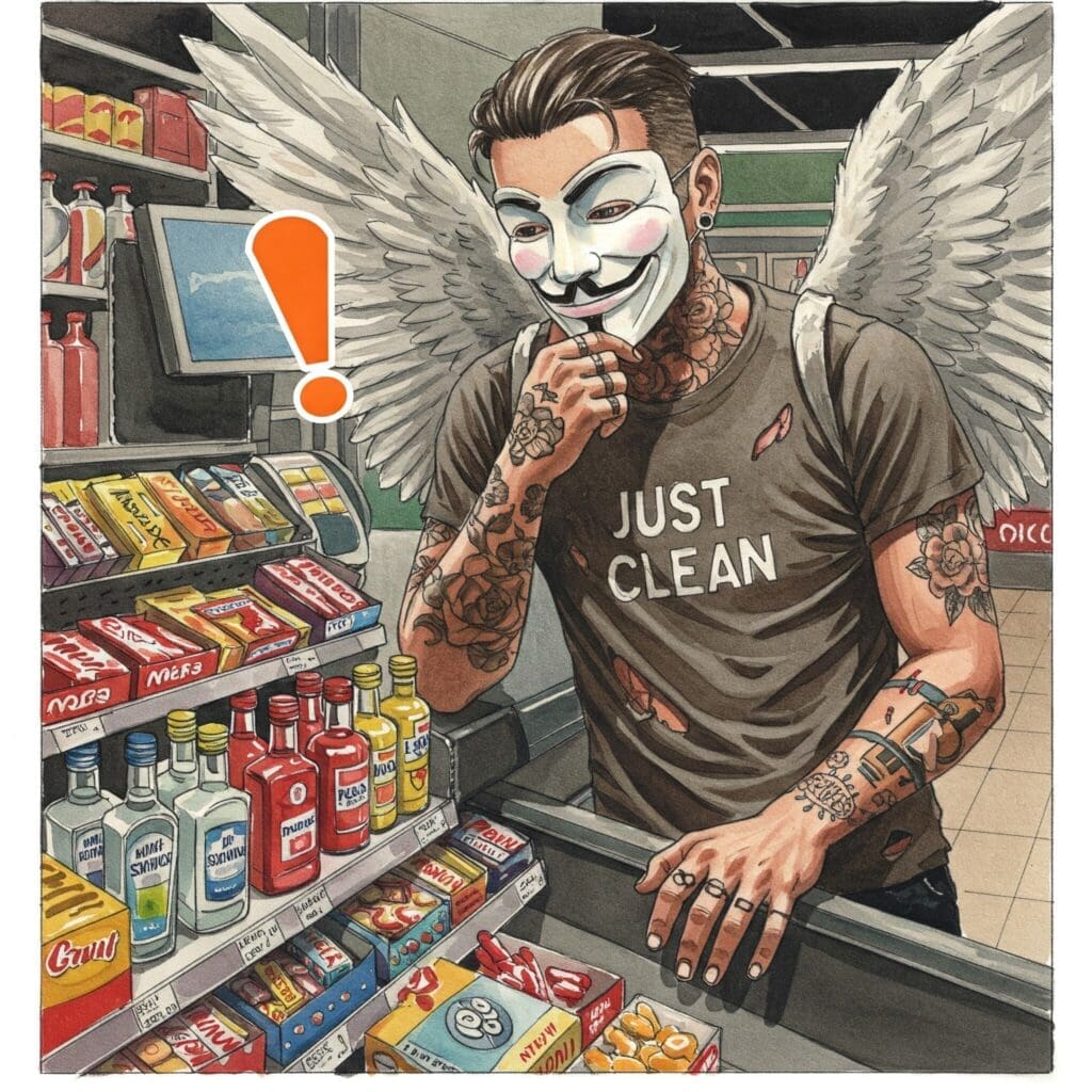 Ein symbolisches Bild, das die Problematik verdeutlicht. Z.B. eine Person, die nachdenklich oder zögernd auf die Alkoholflaschen an der Kasse blickt. Oder ein stilisiertes Warnsymbol (z.B. Ausrufezeichen) über dem Kassenbereich mit Alkohol. Alt-Text / Keyword: Gefahren von Alkohol an der Kasse - Suchtprävention und Verführung