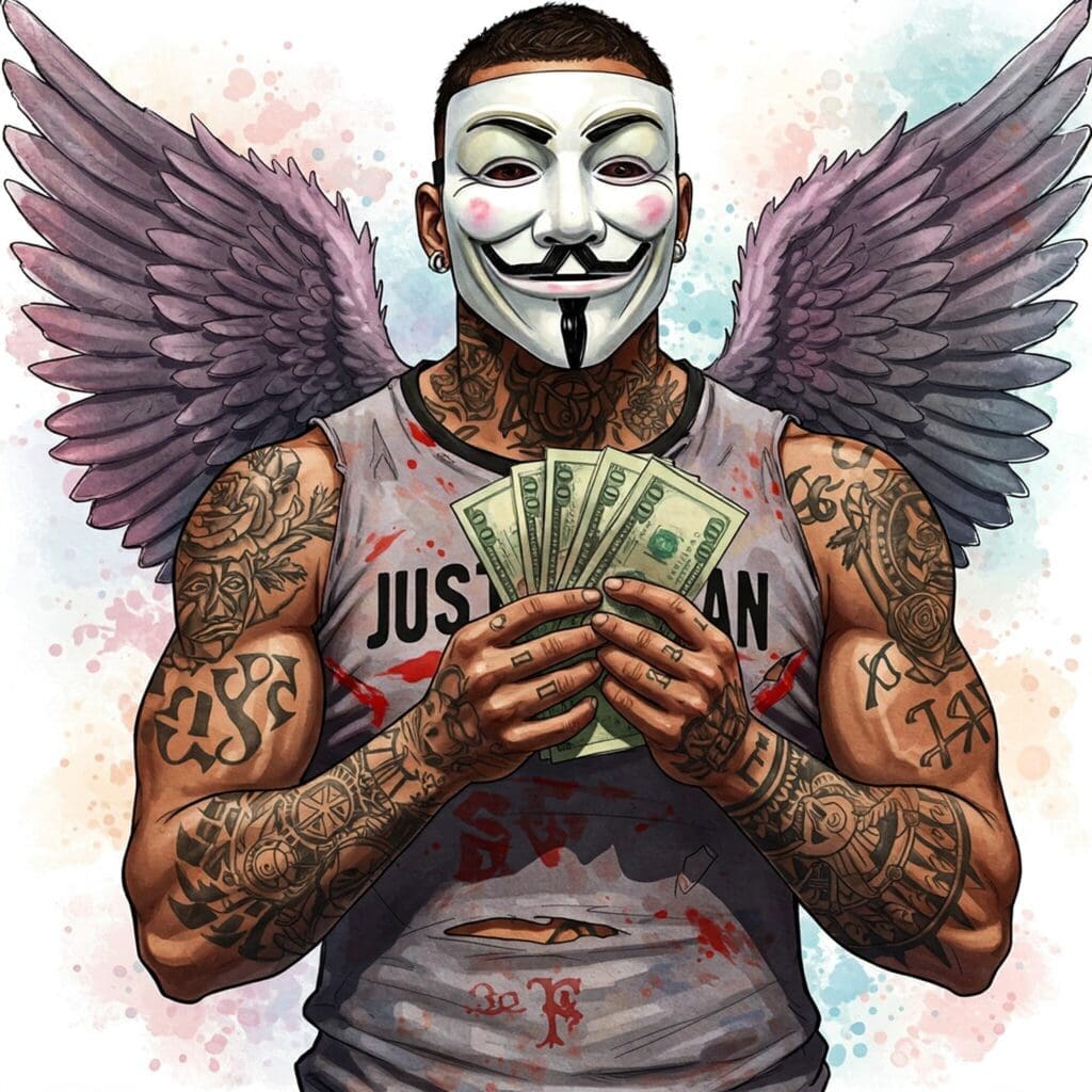 Geld Sucht bei Jugendlichen symbolisiert durch eine gestresste Person, die Geld umklammert. Geld Sucht, Jugendliche, Stress, Abhängigkeit, Geldprobleme, Suchtverhalten