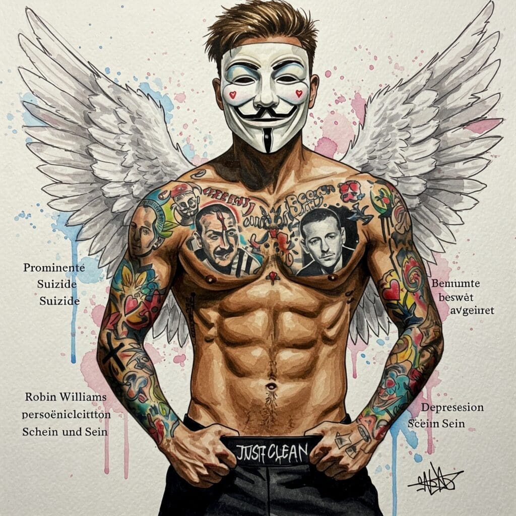Collage von Robin Williams und Chester Bennington. Keywörter: prominente suizide, robin williams, chester bennington, berühmte persönlichkeiten, depression bei stars, schein und sein)