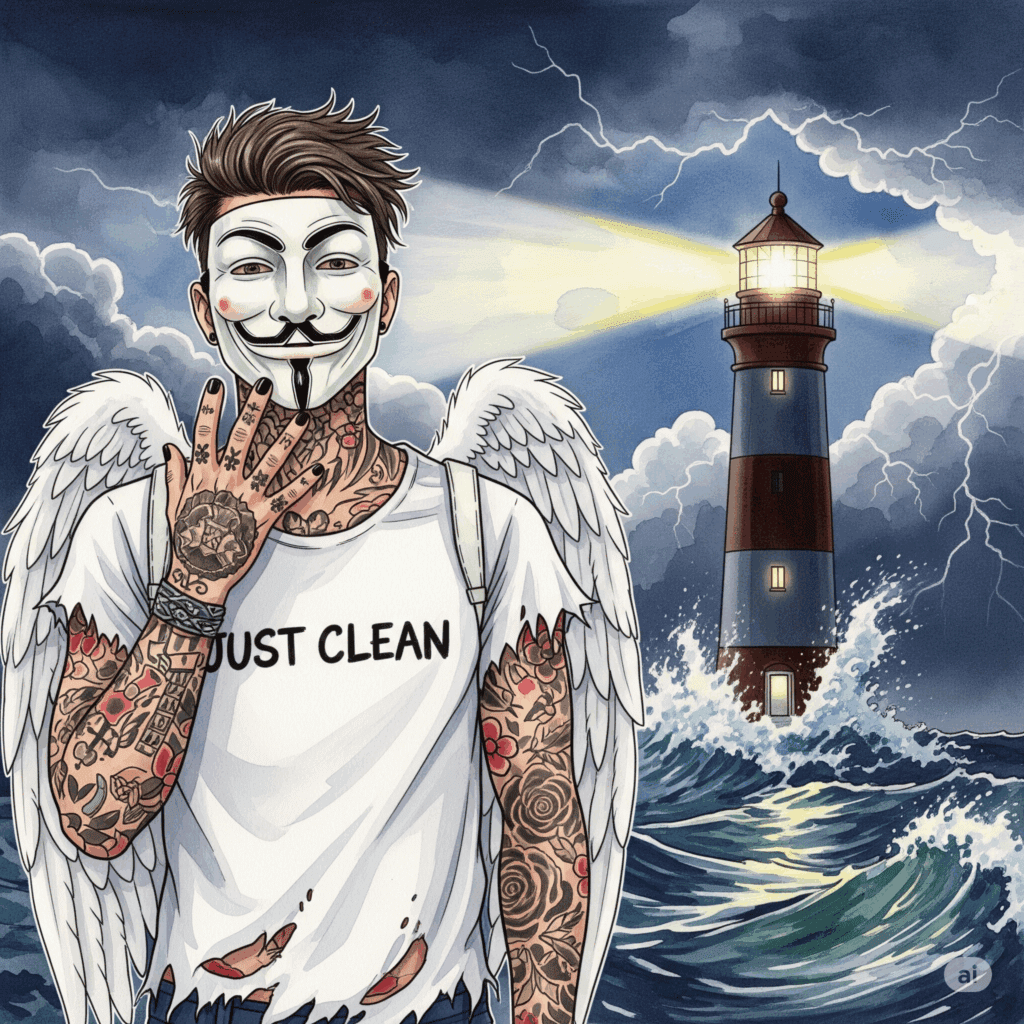 Ein Leuchtturm, der in einer stürmischen Nacht einen hellen, sicheren Lichtstrahl aussendet. Symbolisiert den sicheren Hafen und die Orientierung in der Krise. "Hilfe in der Krise", "sicherer Ort Psychiatrie", "Weg aus der Sucht"
