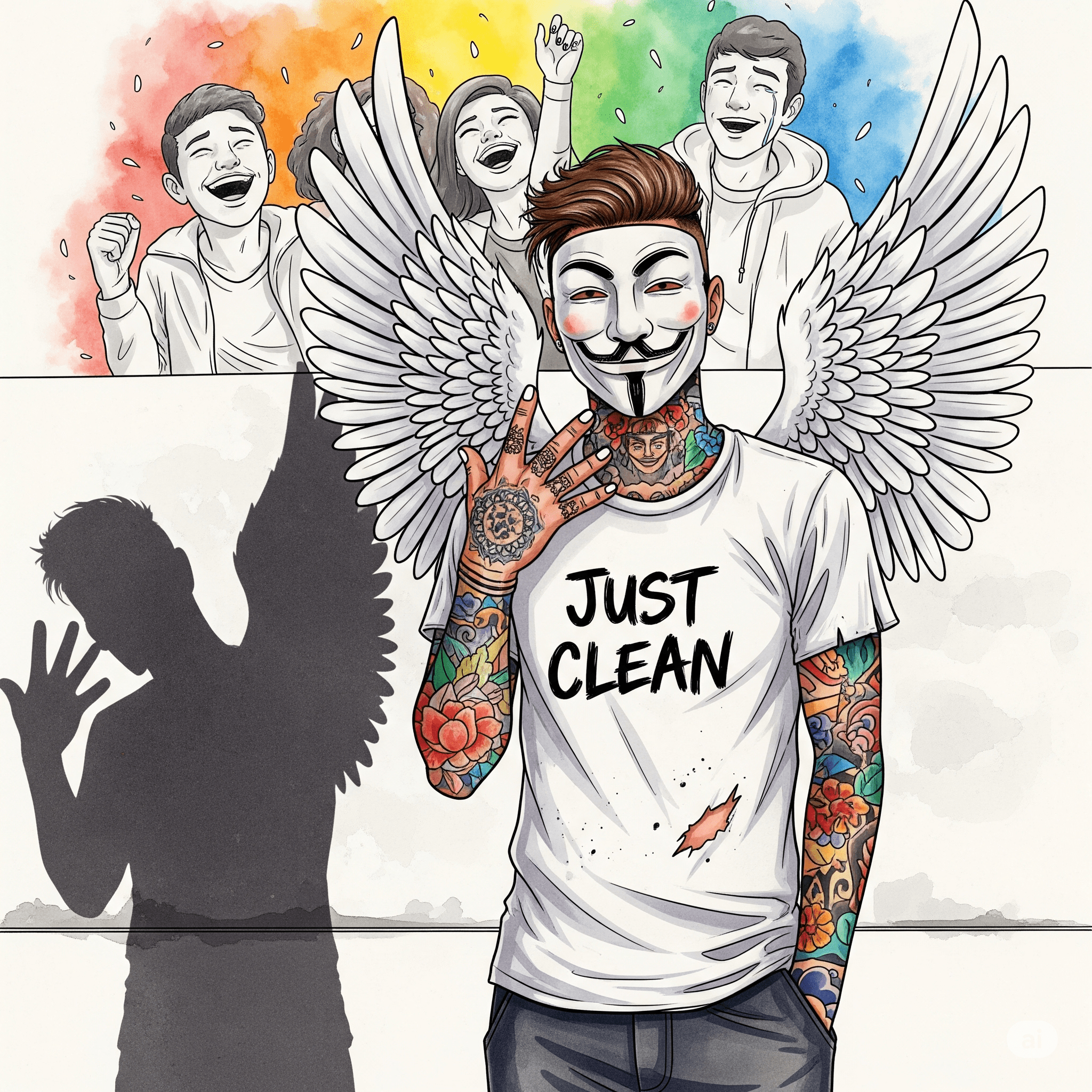 Eine Person, die lachend in einer Gruppe von Freunden steht. Ihr Schatten an der Wand ist aber eine zusammengekauerte, weinende Gestalt. Symbolisiert den inneren Zustand, der im Widerspruch zum äußeren Verhalten steht. "versteckte Depression", "Suizidgefahr Anzeichen", "Schein und Sein"