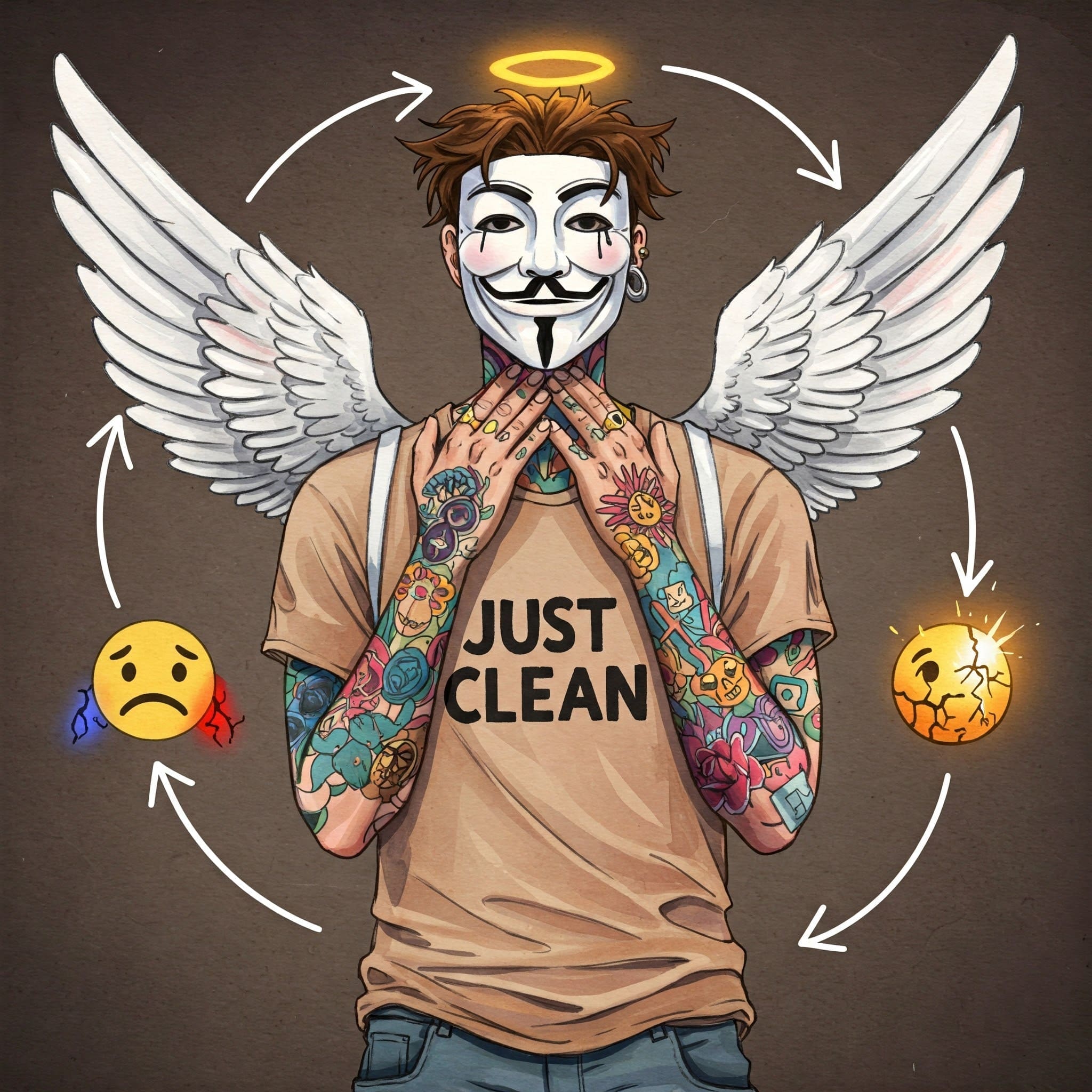 Eine grafische Darstellung, die von einem traurigen oder gestressten Emoji ausgeht und zu einem hellen, aber zerbrechlichen oder rissigen Emoji (Sucht) führt, mit Pfeilen, die den Weg darstellen. Keyword: Sucht Ursachen, Sucht Zyklus, Problem Lösung Sucht