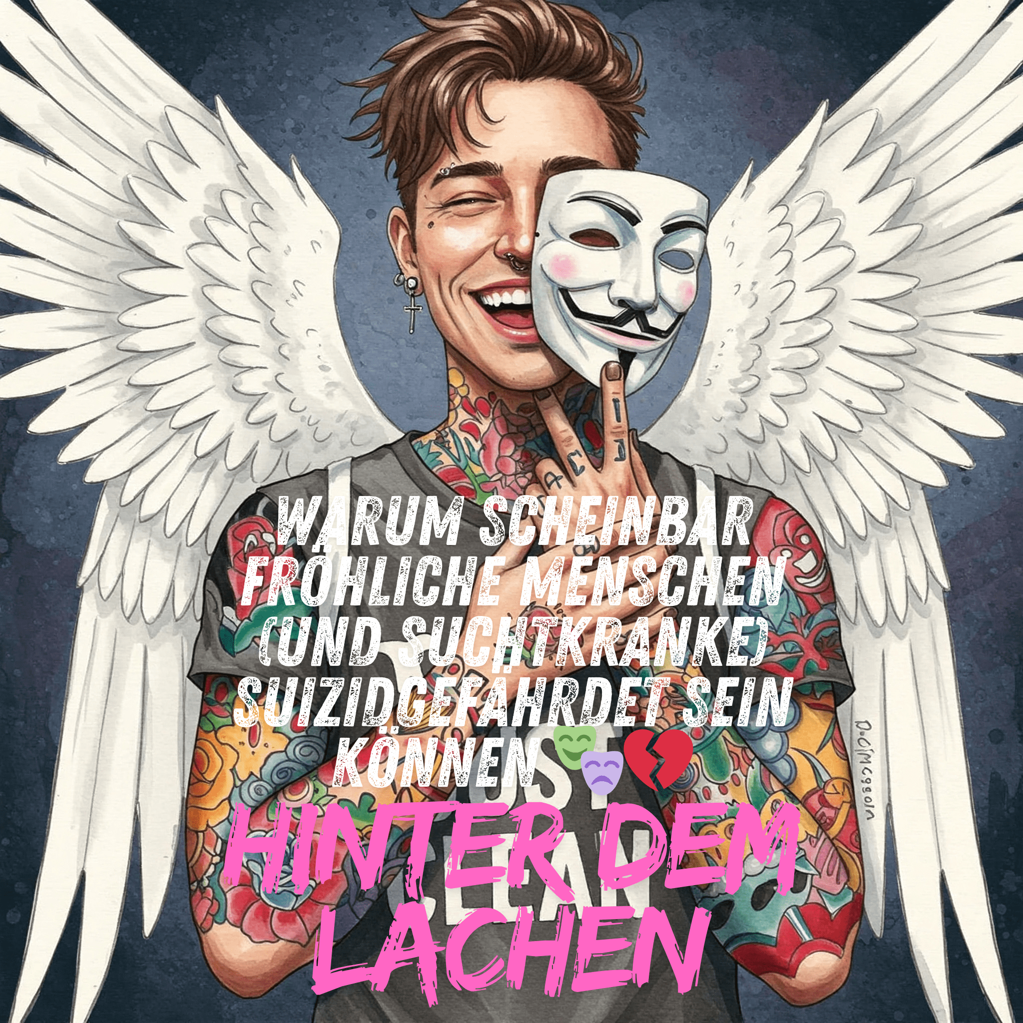 Eine Person, die lacht, aber der Schatten/Spiegel zeigt ein trauriges Gesicht. Keywörter: smiling depression, lächelnde depression, maske, gefühle verbergen, innerer kampf, psychische gesundheit