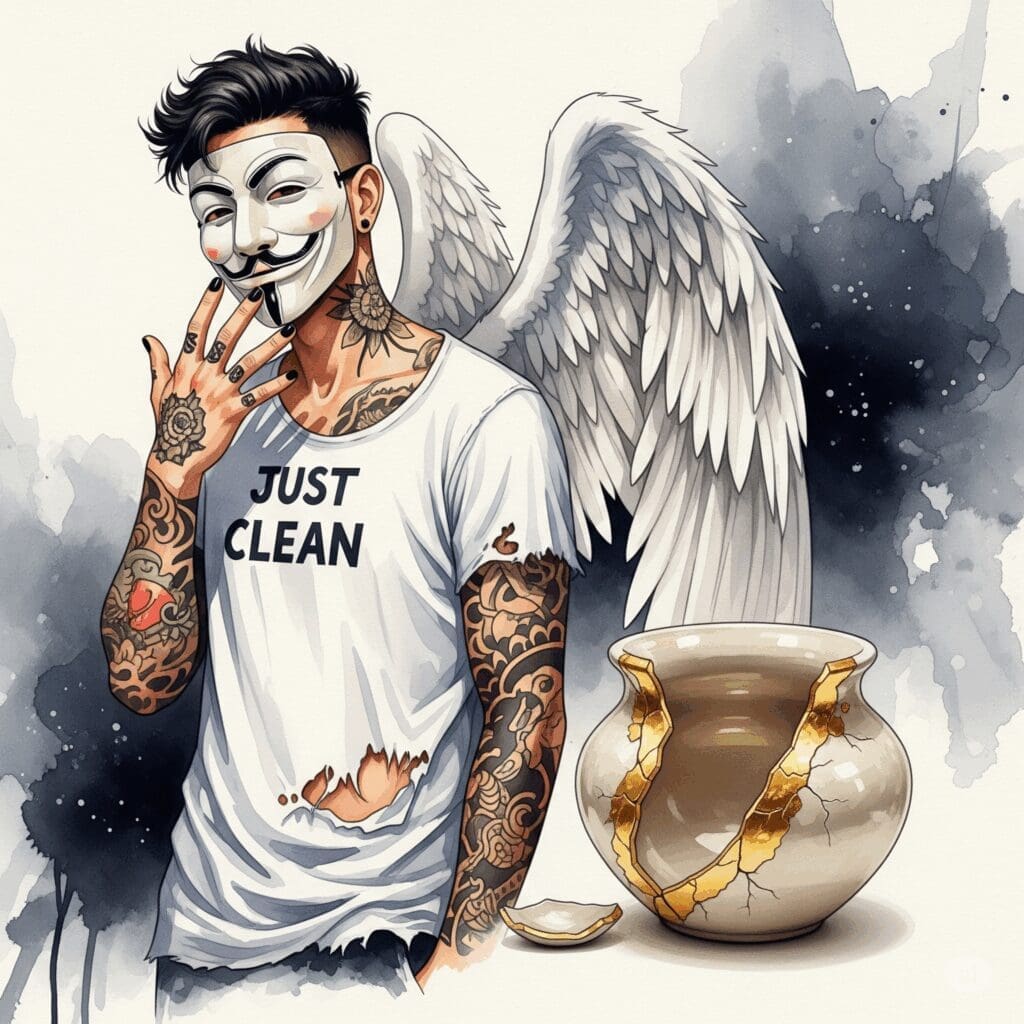 Ein Kintsugi-Topf – eine japanische Keramik, die zerbrochen war und deren Risse mit goldenem Lack repariert wurden. Symbolisiert, dass die "Narben" ein Teil der Geschichte sind und Schönheit und Stärke zeigen können. "Heilung Trauma", "Kintsugi Metapher", "Stärke nach Trauma"