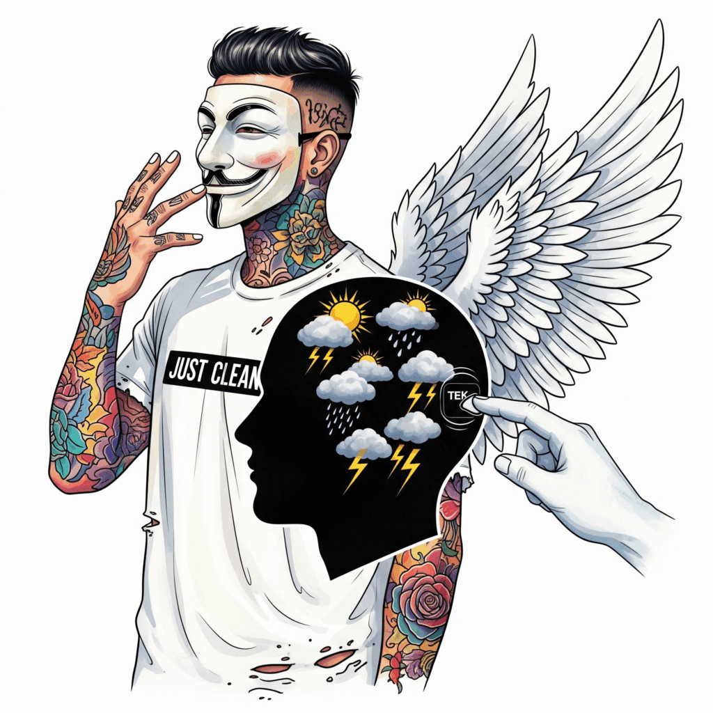Eine stilisierte Grafik eines Kopfes im Profil. Im Inneren sind verschiedene Wettersymbole (Sonne ☀️, Wolken ☁️, Regen 💧, Blitz ⚡). Eine Hand von außen justiert einen Regler an der Seite des Kopfes. Symbolisiert die Emotionsregulation. "Emotionen regulieren lernen", "TEK Training", "Umgang mit Gefühlen"