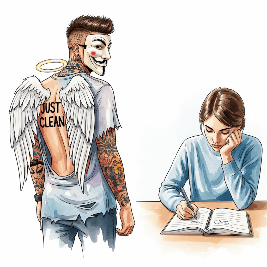 Ein Foto einer Person, die nachdenklich an einem Tisch sitzt. Vor ihr liegt ein leeres Notizbuch und ein Stift. Die Person ist dabei, den ersten, schweren Satz zu schreiben. Symbolisiert den Beginn der Selbstreflexion. "Suchtanamnese schreiben", "eigene Suchtgeschichte", "Therapievorbereitung"