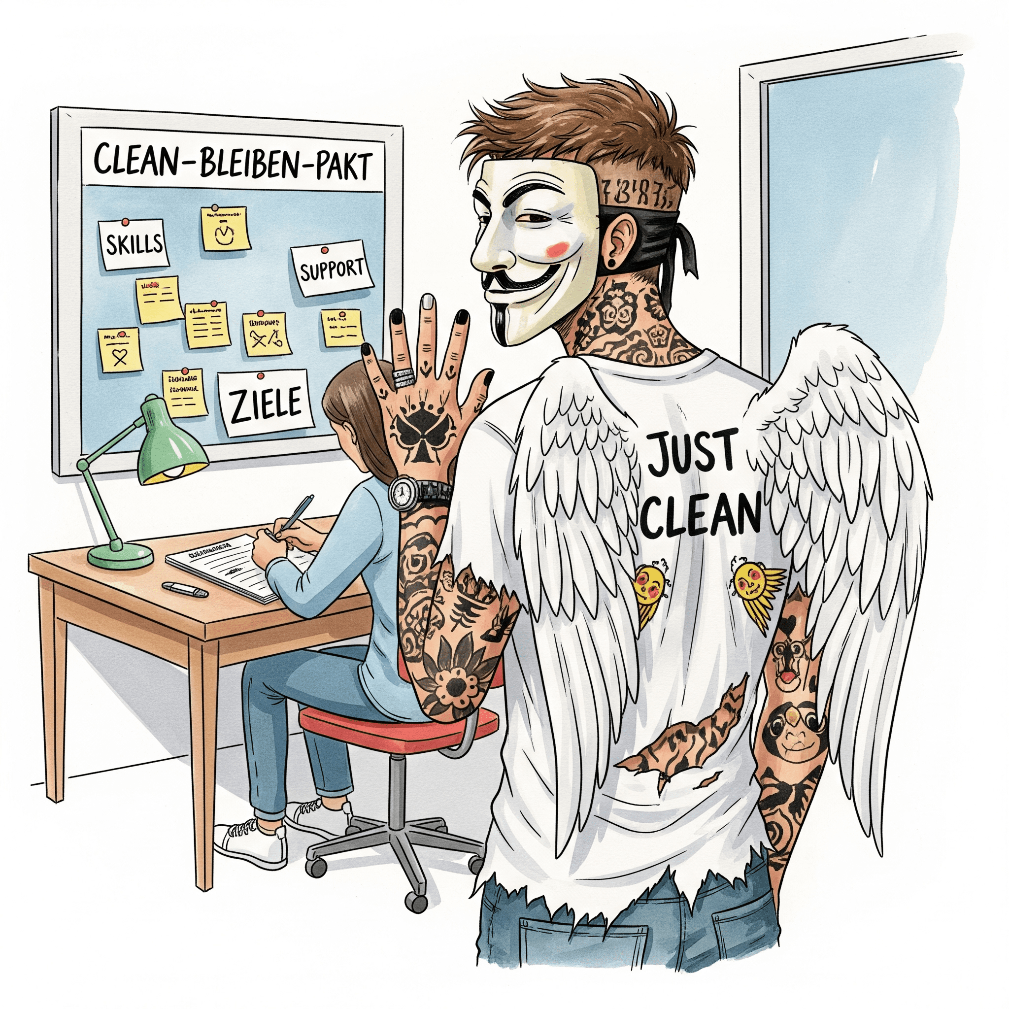 Eine Person schreibt an einem Schreibtisch an einem Plan. An der Wand hängen Notizzettel mit Überschriften wie "Skills", "Support", "Ziele". Symbolisiert das Erstellen des "Clean-Bleiben-Pakts". "persönlicher Plan Recovery", "clean bleiben Pakt", "Ziele nach Entzug"