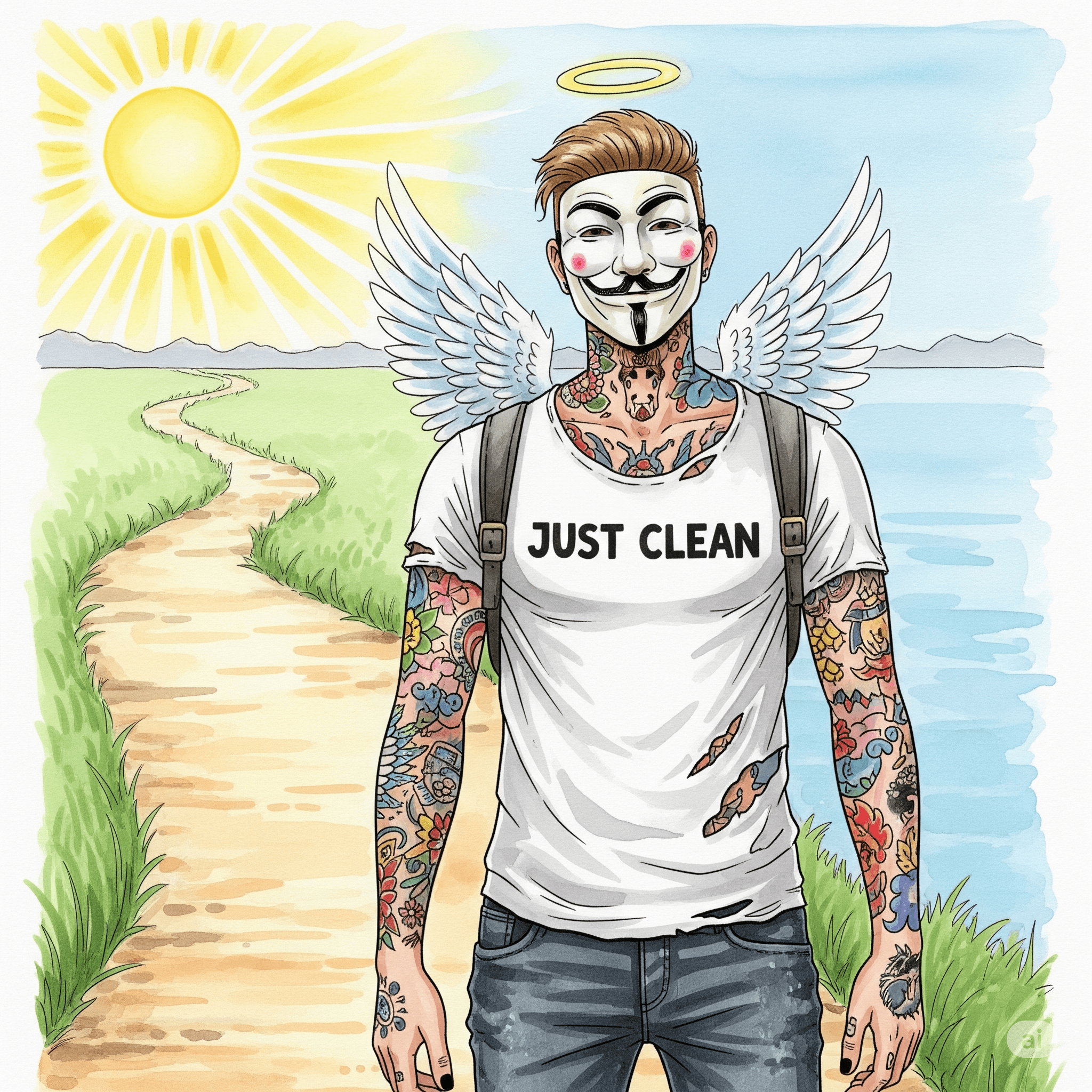 Eine Person steht am Anfang eines langen, sonnigen Weges und blickt zuversichtlich in die Ferne. Symbolisiert den Start in die Zukunft nach dem Workshop. "hoffnungsvolle Zukunft", "Weg in die Recovery", "nach dem Workshop"
