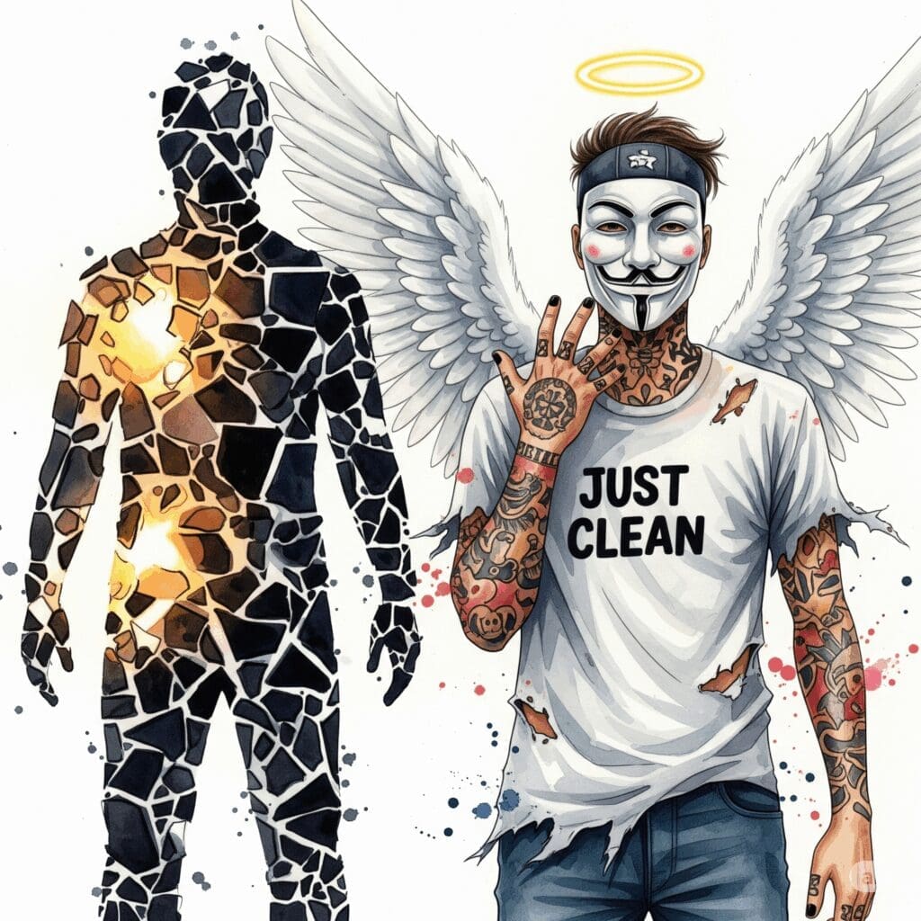 Die Silhouette einer Person, die aus vielen kleinen, zerbrochenen Teilen oder Fragmenten besteht. Durch die Risse scheint aber ein warmes Licht. Symbolisiert die Zersplitterung durch Trauma, aber auch die Hoffnung auf Heilung. "Komplexe PTBS Symptome", "Trauma und Psyche", "Heilung nach Trauma"