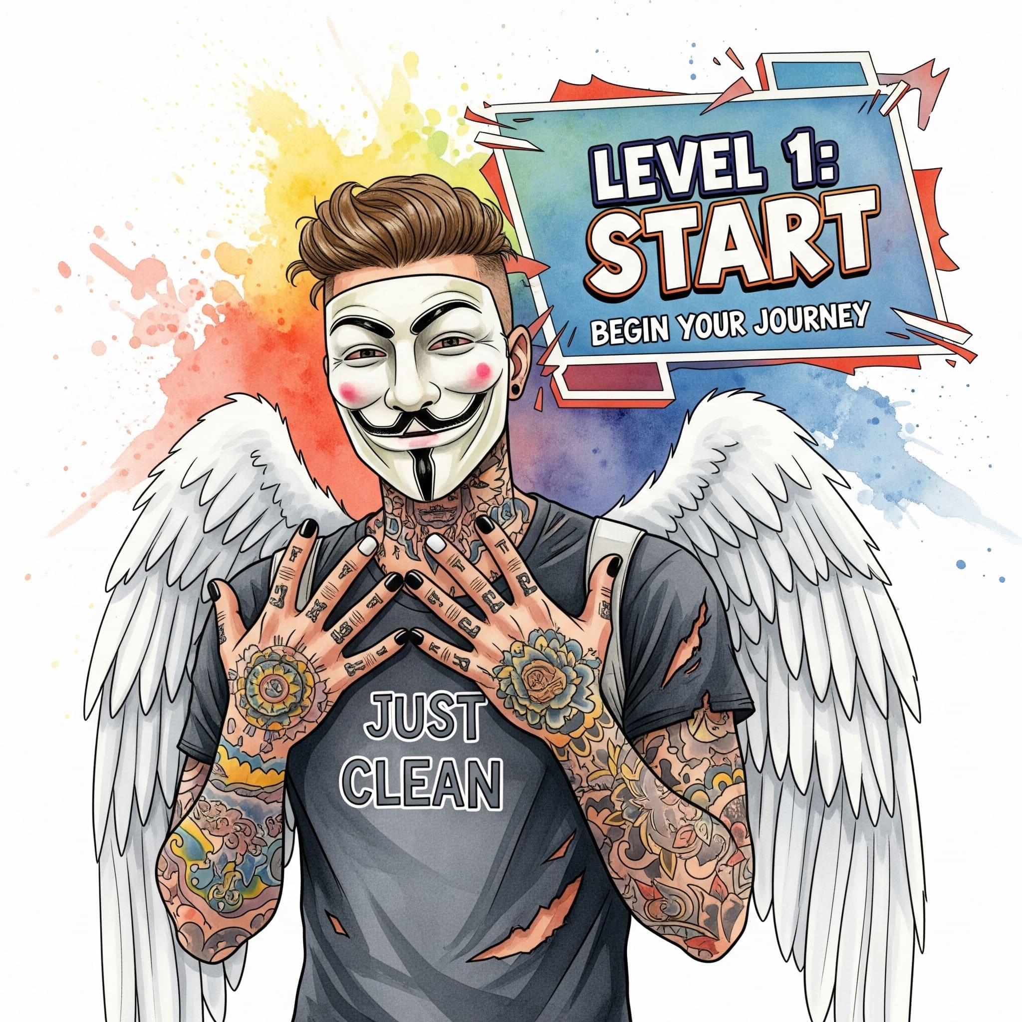 Eine stilisierte Grafik, die an den Startbildschirm eines Videospiels erinnert, mit den Worten "LEVEL 1: START" und "BEGIN YOUR JOURNEY". Symbolisiert den Beginn eines neuen Abenteuers. "clean werden starten", "neues Leben beginnen", "7-Tage-Workshop Sucht"