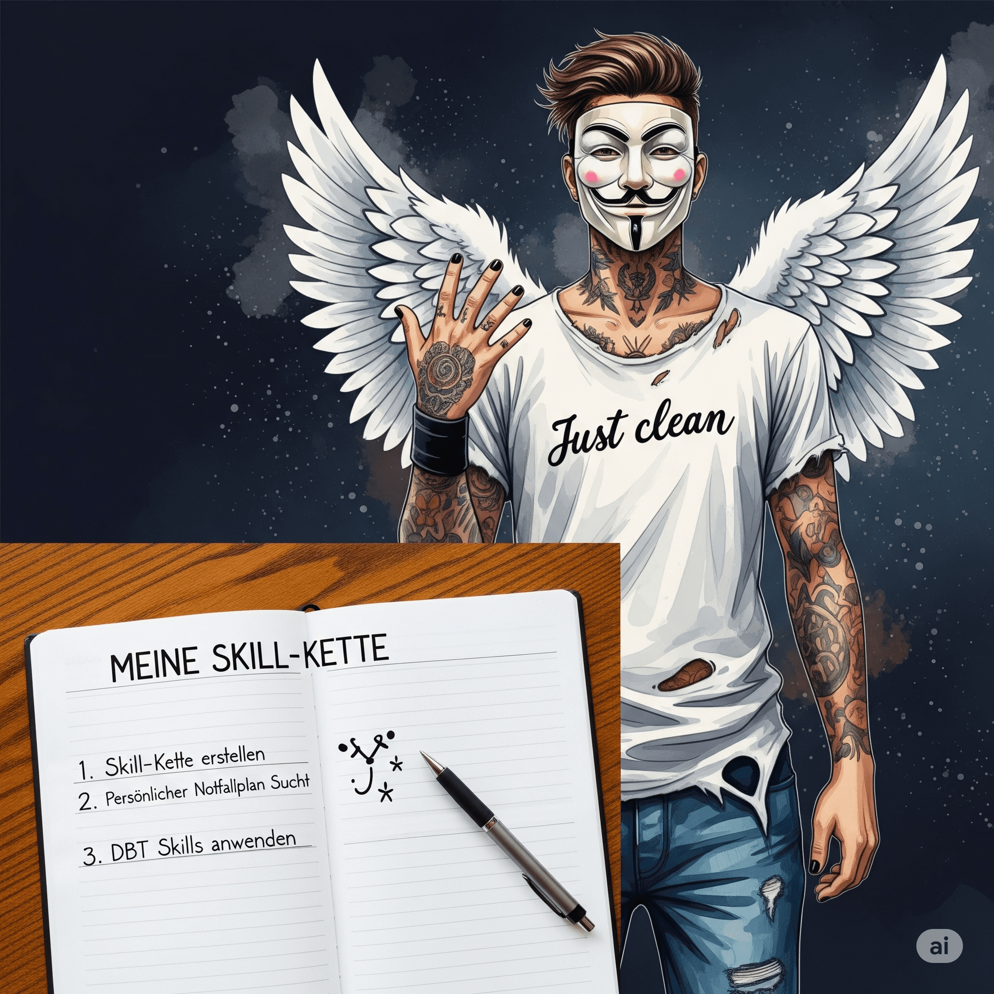 Ein reales Foto einer ansprechend gestalteten Karteikarte. Mit handschriftlicher, klarer Schrift steht oben "MEINE SKILL-KETTE". Darunter sind drei Schritte aufgelistet, vielleicht mit kleinen Symbolen daneben. Die Karte liegt auf einem Holztisch. "Skill-Kette erstellen", "persönlicher Notfallplan Sucht", "DBT Skills anwenden"