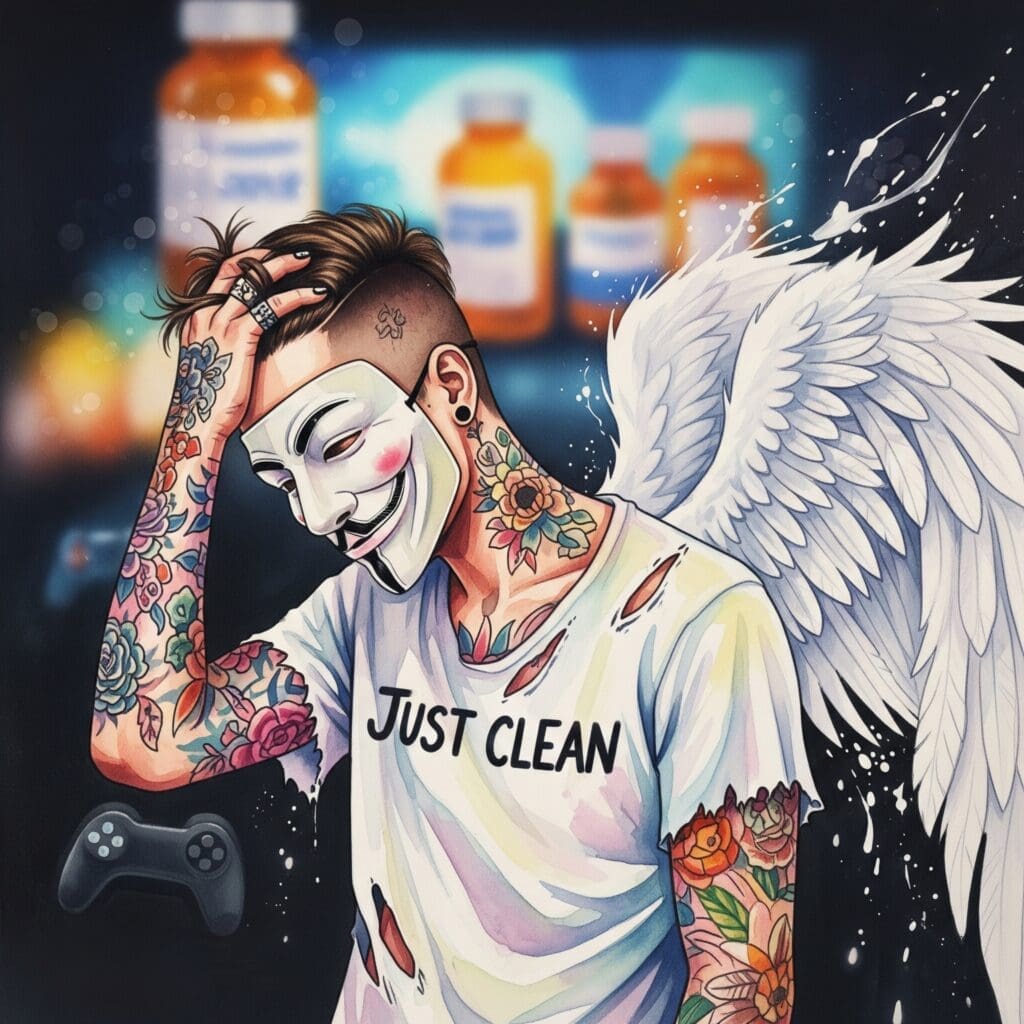 Eine junge Person, die sich mit Händen den Kopf hält, im Hintergrund verschwommene Flaschen/Pillen oder ein Bildschirm mit Game. Keywords: Jugend, Sucht, Kopfschmerzen, Trauer, Flucht, kPTBS, Selbstmedikation.
