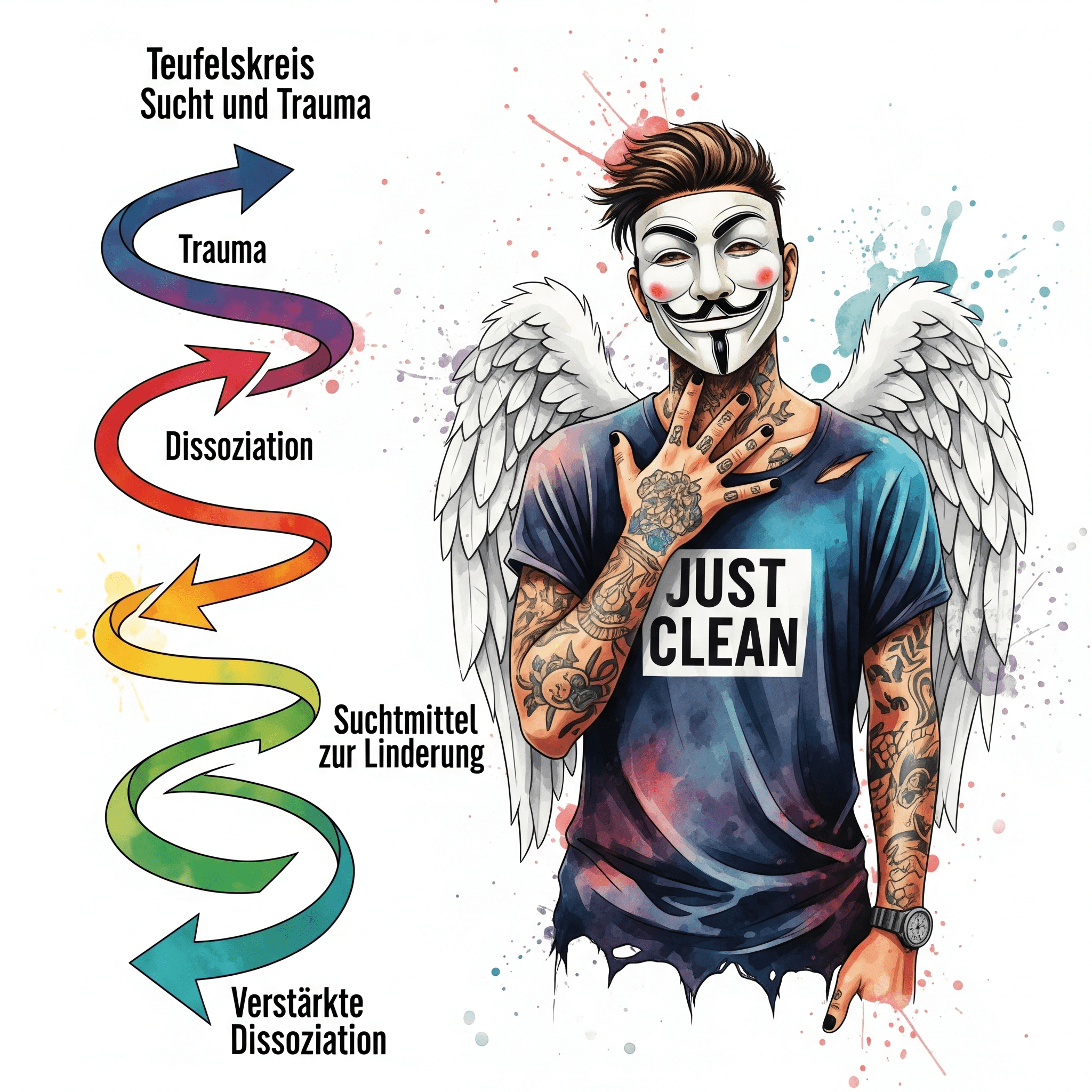 Eine Grafik, die einen Teufelskreis als Spirale darstellt. Die Schleifen sind beschriftet mit "Trauma" -> "Dissoziation" -> "Suchtmittel zur Linderung" -> "Verstärkte Dissoziation". Symbolisiert die Abwärtsdynamik. "Teufelskreis Sucht und Trauma", "Doppeldiagnose Dissoziation", "Sucht als Bewältigungsstrategie"