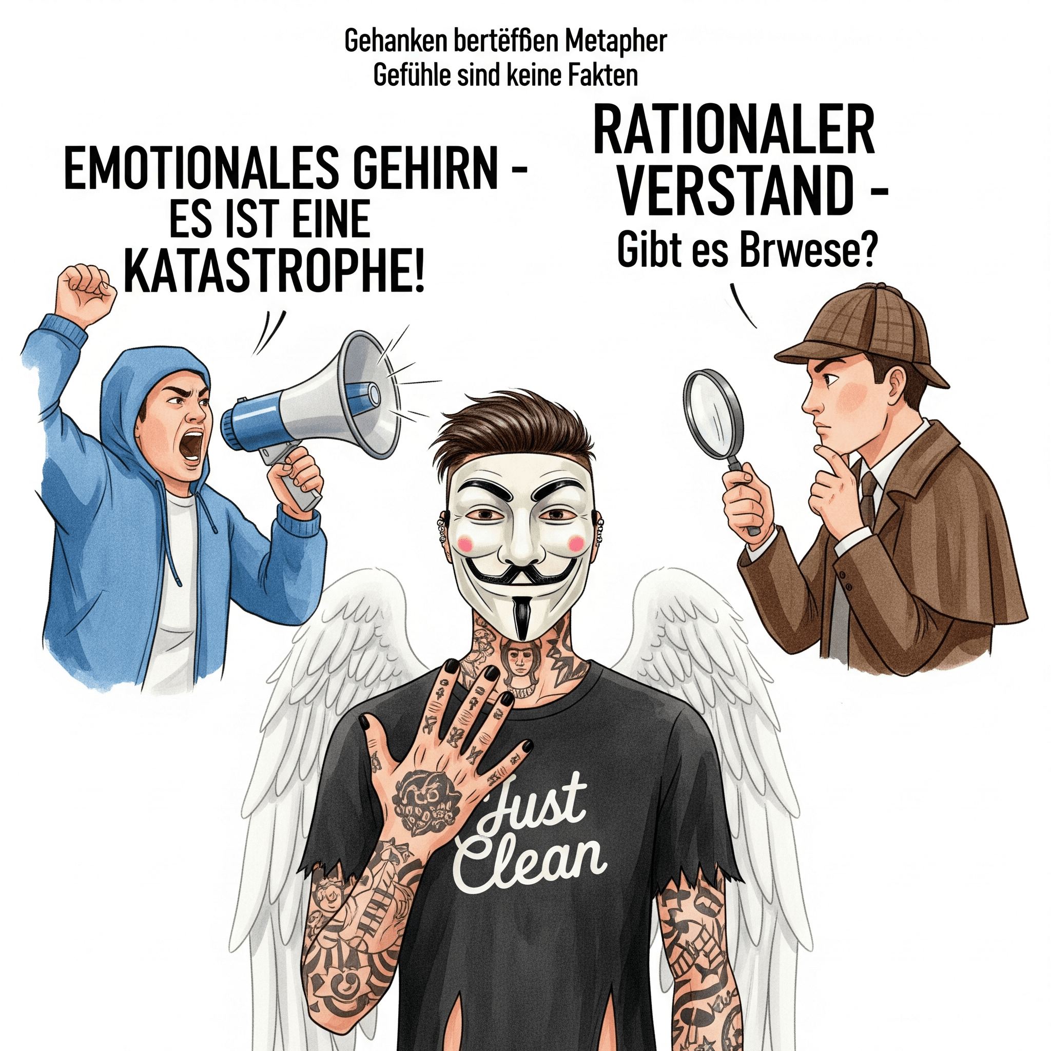 Eine humorvolle, stilisierte Grafik. Links eine große, dramatische Figur mit Megafon ("EMOTIONALES GEHIRN"), die ruft: "ES IST EINE KATASTROPHE!". Rechts eine ruhige Figur mit Detektiv-Lupe ("RATIONALER VERSTAND"), die fragt: "Gibt es Beweise?". "Gedanken überprüfen Metapher", "Gefühle sind keine Fakten", "Katastrophendenken stoppen"