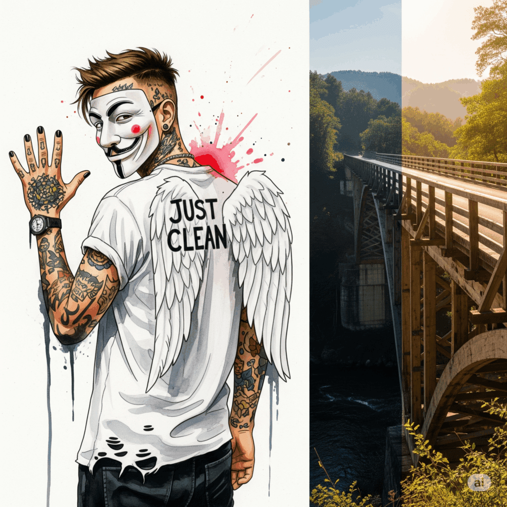 Ein Foto einer stabilen, schönen Holzbrücke, die über einen ruhigen Fluss und eine Schlucht führt. Auf der einen Seite ist es etwas düster, auf der anderen Seite scheint die Sonne. Symbolisiert die Brücke zurück ins Leben. "Brücke ins neue Leben", "nach der Sucht", "Reintegration Suchthilfe"