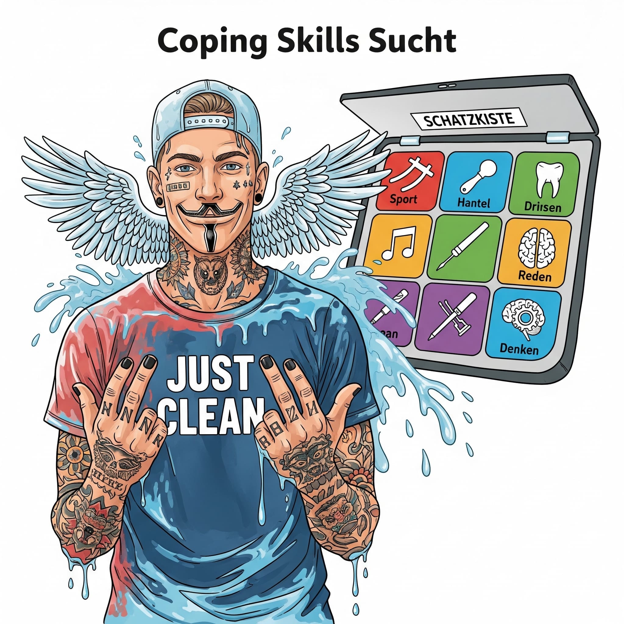 Eine offene, bunte Schatzkiste, aus der verschiedene Symbole für Skills herauskommen (z.B. Hantel für Sport, Musiknote, Pinsel, Sprechblase für Reden, Gehirn mit Zahnrädern für Denken). Bild-Keywords: Coping Skills Sucht, Skill Schatzkiste Jugendliche, Gesunde Alternativen Drogen, Sucht bewältigen Strategien