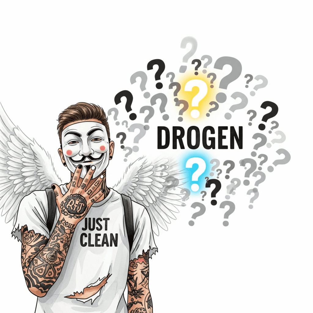 Eine klare, minimalistische Grafik. Das Wort "DROGEN" steht im Zentrum, umgeben von einem Schwarm aus Fragezeichen in verschiedenen Größen und Grautönen. Ein einzelnes Fragezeichen ist hervorgehoben und leuchtet hell. "Fragen zu Drogen", "Drogen FAQ", "Aufklärung über Sucht"
