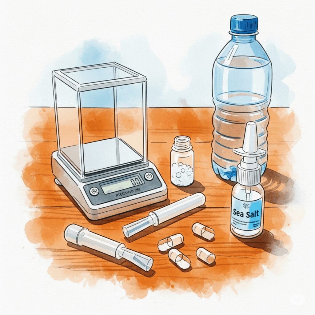 Ein Bild von Safer-Use-Materialien auf einem Tisch: Eine Feinwaage, saubere Ziehröhrchen (keine Geldscheine!), Leerkapseln zum Befüllen, eine Flasche Nasenspray mit Meersalz und eine Flasche Wasser. "Safer Use Amphetamin", "Harm Reduction Speed", "Drogenkonsum Risiken minimieren"