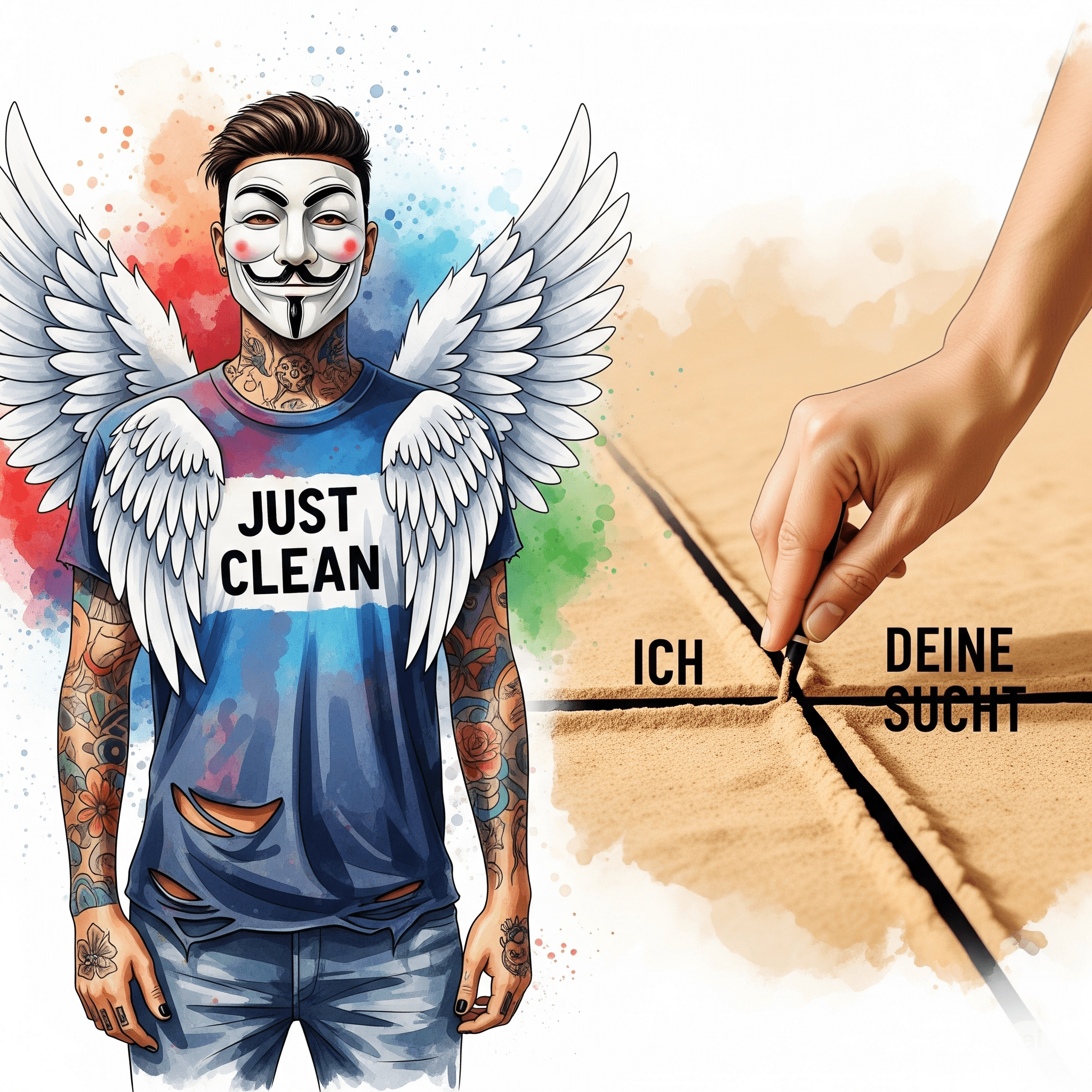 Eine stilisierte Grafik einer Person, die eine klare, dicke Linie in den Sand zieht. Auf der einen Seite steht "ICH", auf der anderen "DEINE SUCHT". Symbolisiert das Setzen von gesunden Grenzen. "Grenzen setzen Sucht", "Co-Abhängigkeit überwinden", "loslassen lernen"