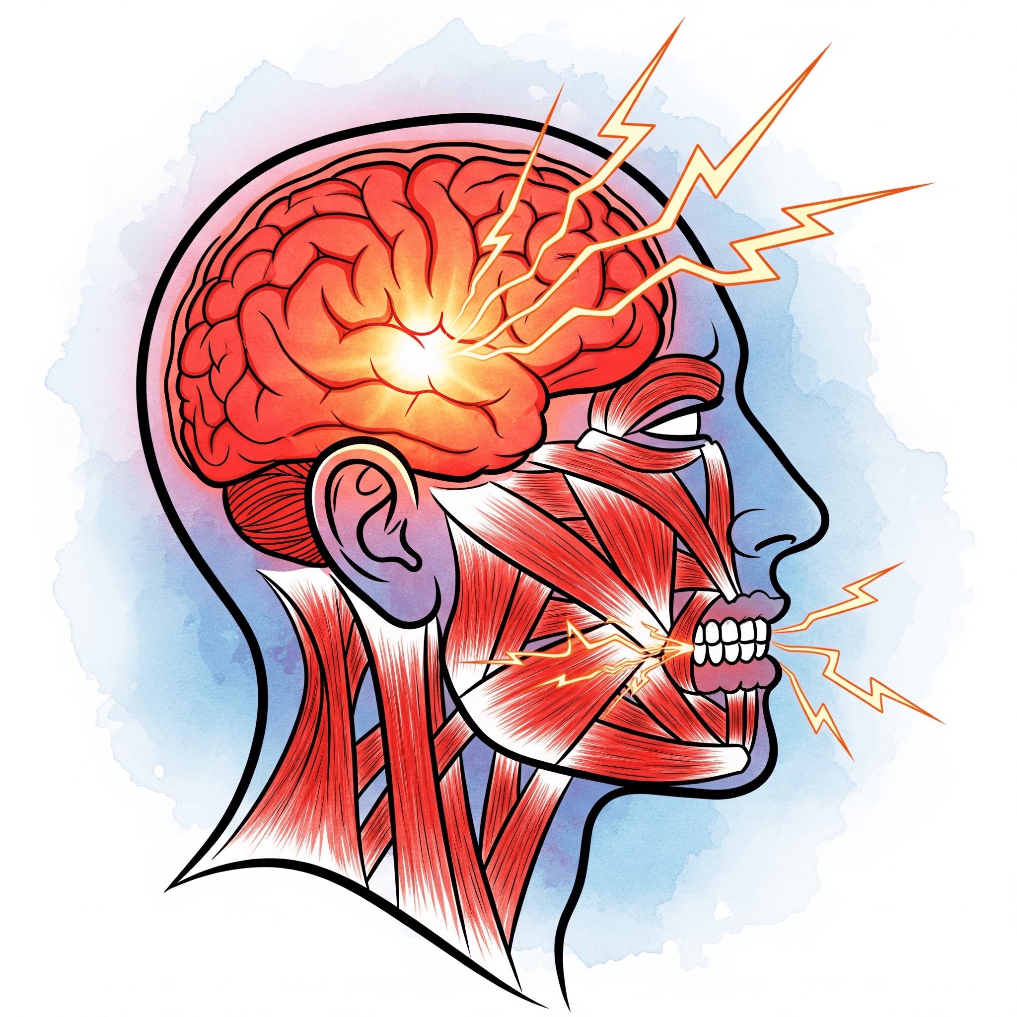 Eine stilisierte Grafik eines Kopfes im Profil. Das Gehirn leuchtet hellrot auf, und Blitze zucken von dort direkt zu den Kiefermuskeln (Masseter), die ebenfalls rot und angespannt dargestellt sind. Symbolisiert die direkte neuro-muskuläre Überstimulation. "Ursache für Zähneknirschen auf Speed", "Dopamin und Motorik", "Amphetaminwirkung Gehirn"
