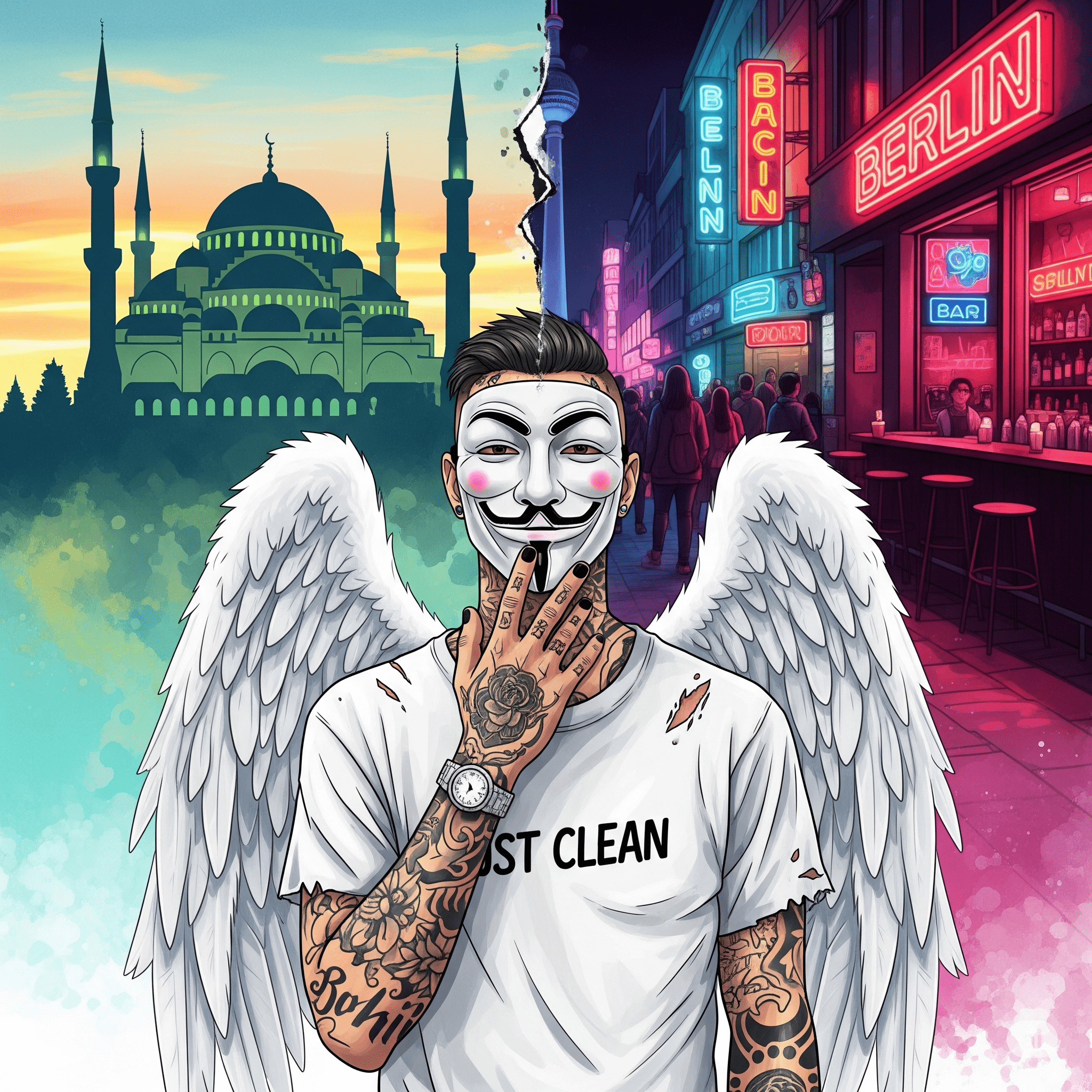 Eine stilisierte Grafik einer Person, die zwischen zwei Welten steht. Links die Silhouette einer Moschee im Sonnenaufgang. Rechts die grellen Neonlichter einer Berliner Bar bei Nacht. Die Person in der Mitte ist zerrissen. "Konflikt Glaube und Sucht", "Islam und Drogen", "innere Zerrissenheit"