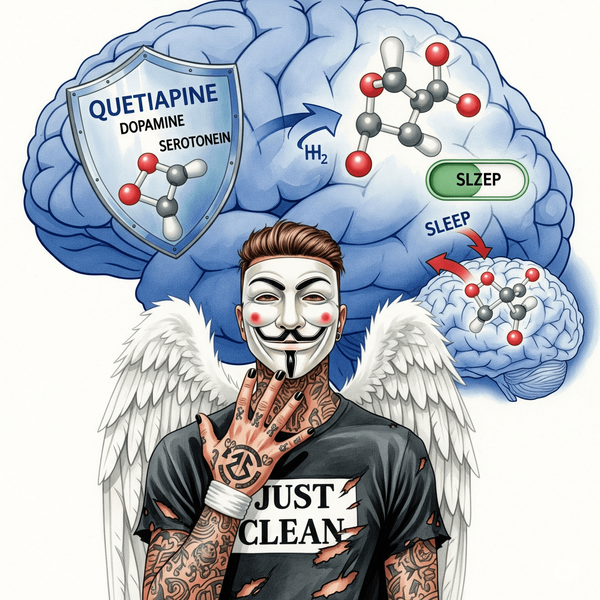 Eine stilisierte Grafik eines Gehirns. Ein Quetiapin-Molekül blockiert wie ein Schutzschild die Dopamin- und Serotonin-Rezeptoren. Ein zweiter Pfeil zeigt, wie es gleichzeitig einen "Schlaf"-Schalter im Gehirn umlegt. "Wirkung von Quetiapin", "Antipsychotikum Gehirn", "sedierende Wirkung"