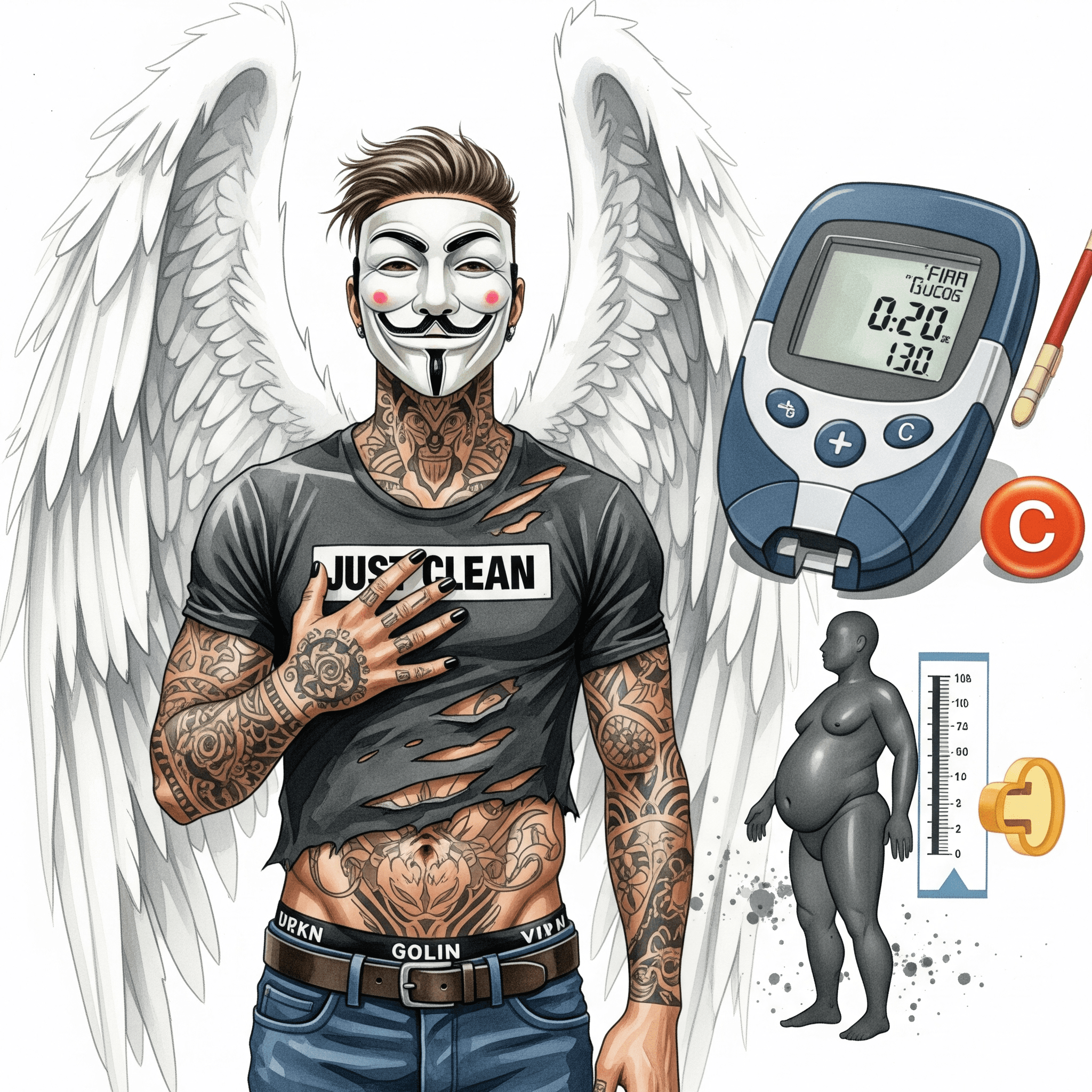 Eine Grafik einer menschlichen Silhouette, die sichtbar an Gewicht zunimmt. Daneben sind ein Blutzuckermessgerät mit hohem Wert und ein Cholesterin-Symbol zu sehen. Symbolisiert die Gefahr des metabolischen Syndroms. "Quetiapin Gewichtszunahme", "metabolisches Syndrom", "Nebenwirkungen Seroquel"