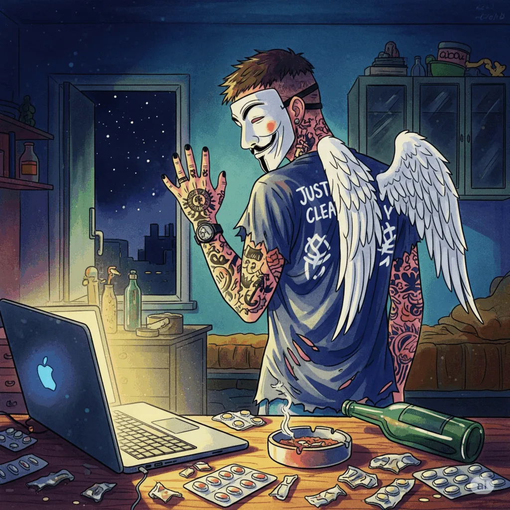 Ein Foto eines chaotischen Zimmers bei Nacht. Ein Laptop leuchtet, daneben liegen leere Blister-Packungen, ein Aschenbecher, eine leere Flasche. Die Szene ist düster und ungeschönt. "nach dem Rückfall", "chaotisches Leben Sucht", "Tiefpunkt"