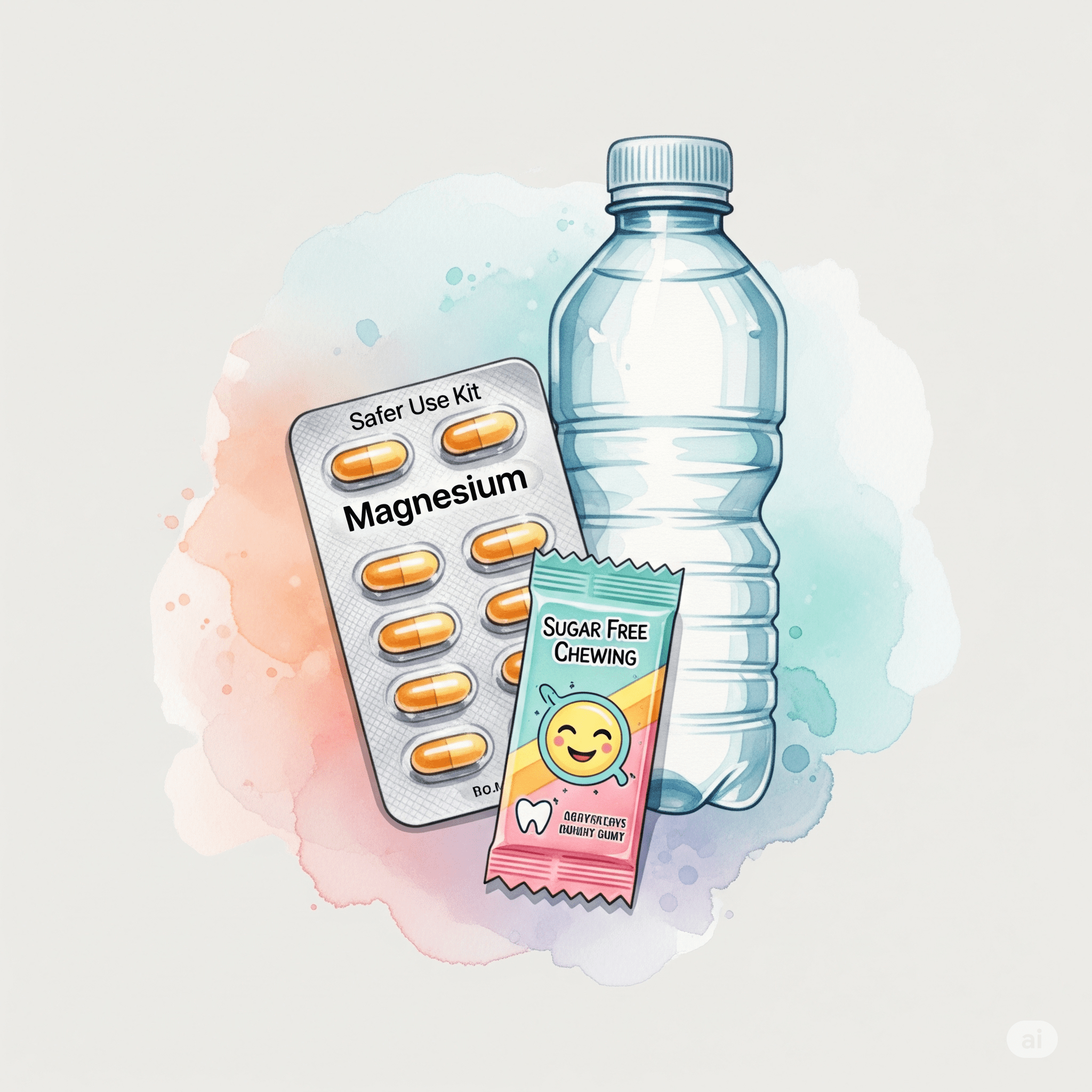 Ein Foto, das ein kleines "Safer-Use-Kit" für dieses Problem zeigt: eine Packung Magnesium-Kapseln, eine Packung zuckerfreier Kaugummi und eine Flasche Wasser. Angeordnet auf einem neutralen Hintergrund.  "Hilfe bei Zähneknirschen", "Safer Use Speed", "Magnesium gegen Kieferkrampf"